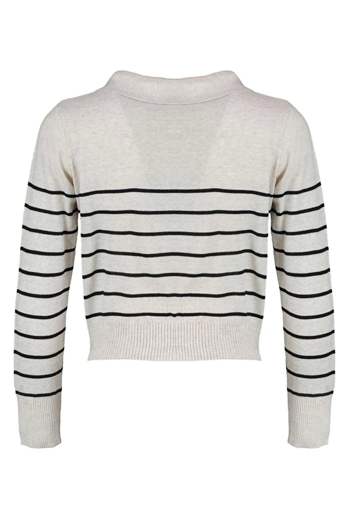 Kadın Moda Şık Regular Polo Yaka Uzun Kol Çizgili Polo Yaka Triko Hırka