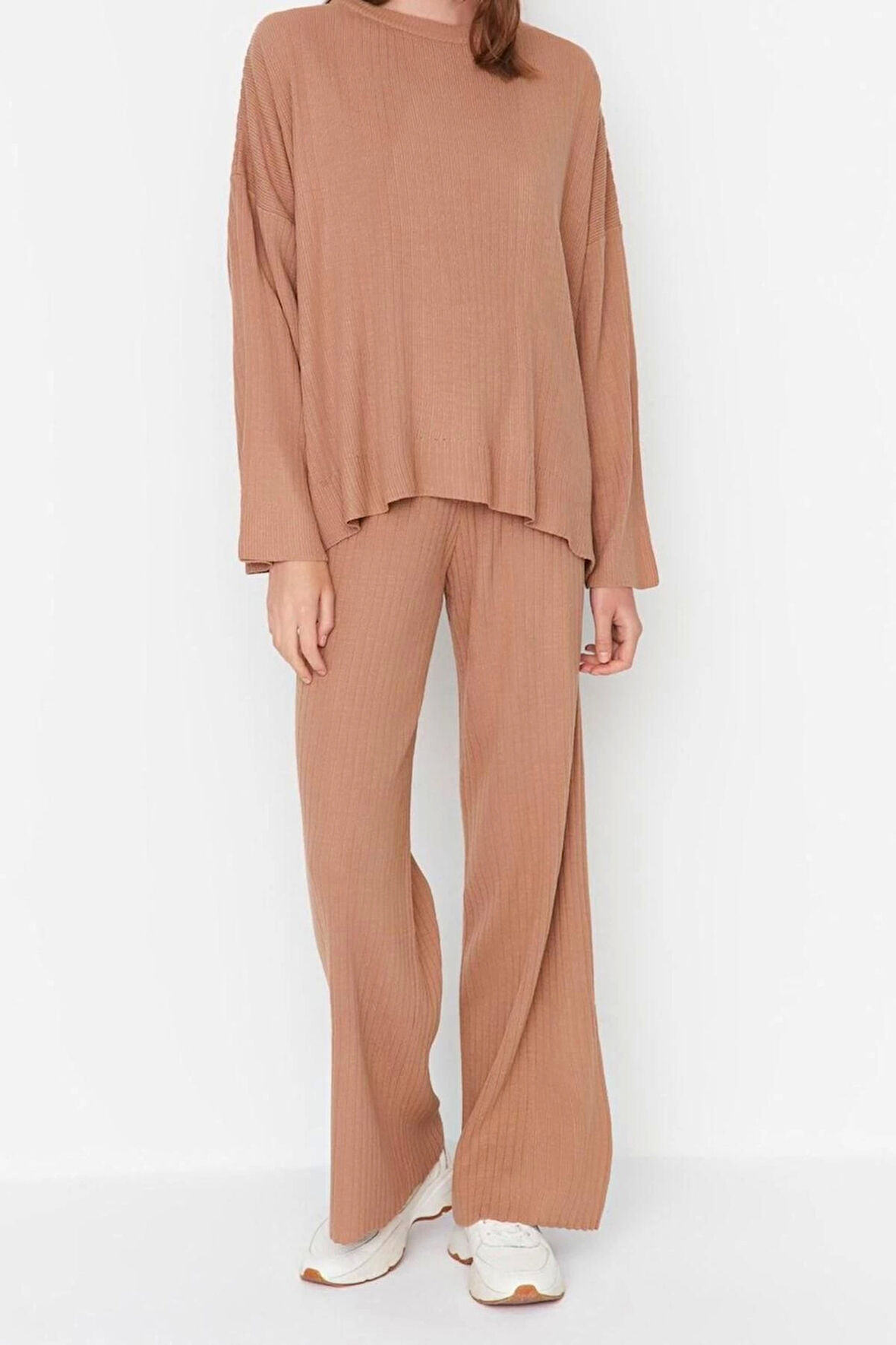 Kadın Moda Şık Boru Paça Regular Boy Uzun Kollu Basic Bisiklet Yaka Triko Alt-Üst Takım