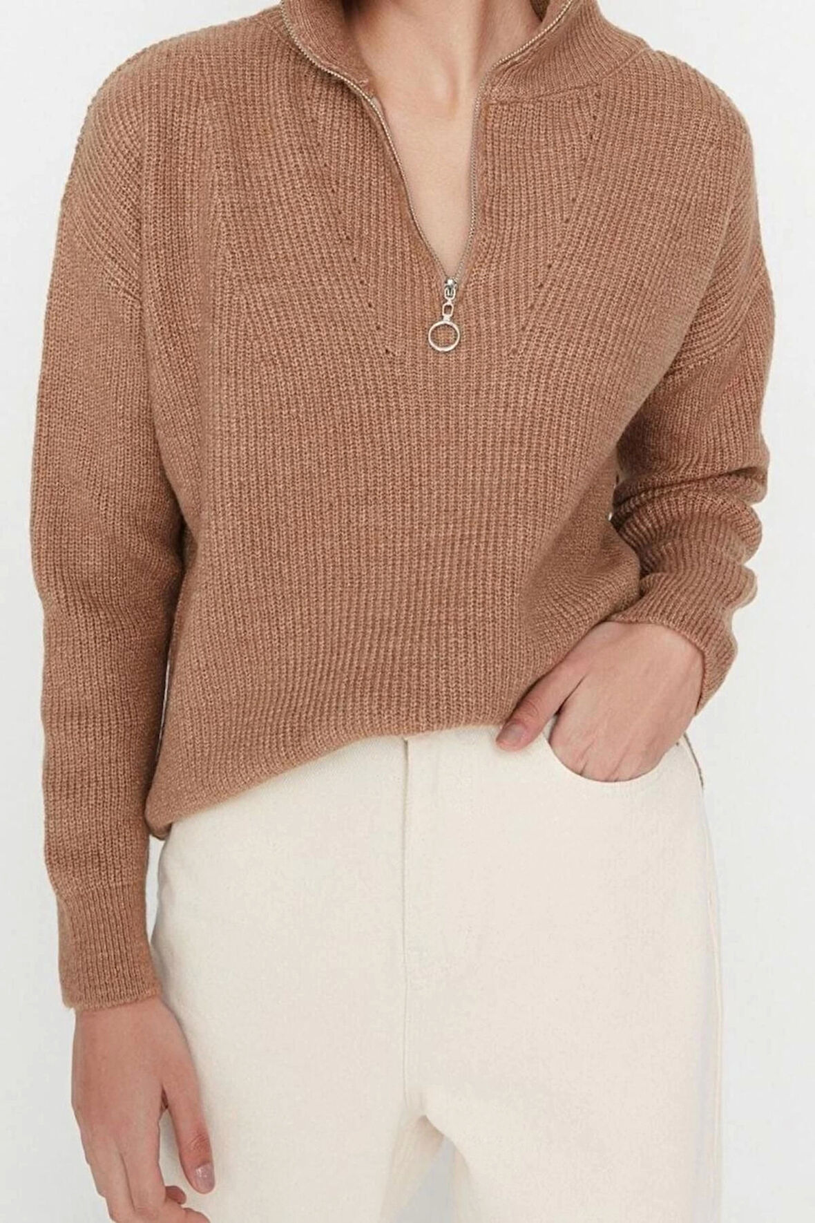 Kadın Moda Şık Regular Dik Yaka Uzun Kol Düz Couple Yumuşak Dokulu Fermuarlı Triko Kazak