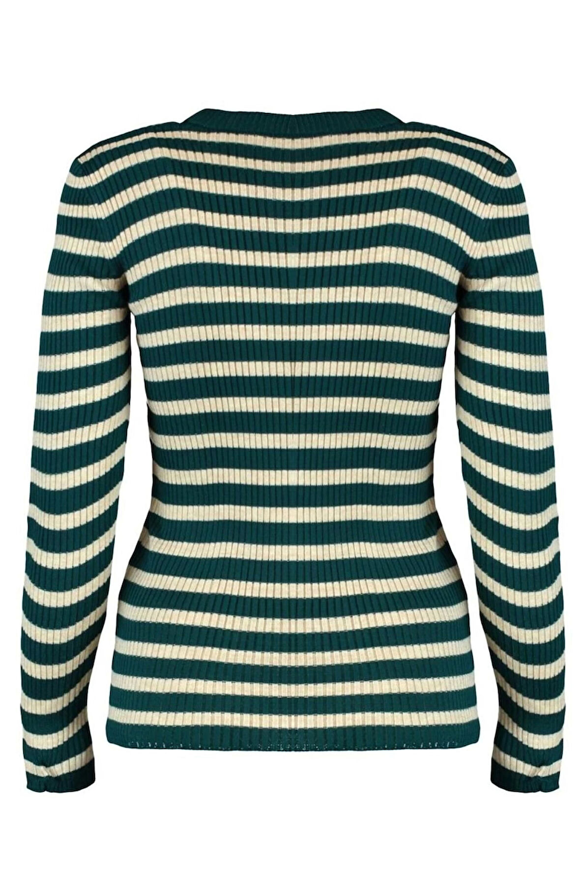 Kadın Moda Şık Regular Bisiklet Yaka Uzun Kol Çizgili Basic Triko Kazak