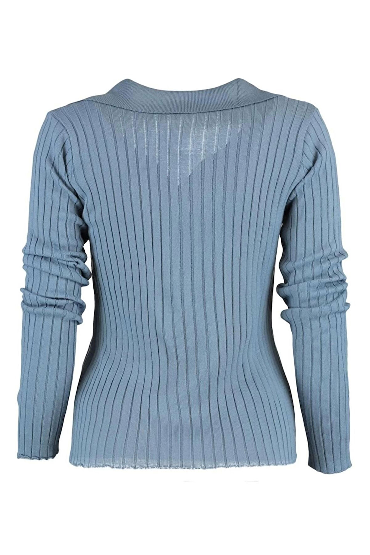 Kadın Moda Şık Regular Polo Yaka Uzun Kol Düz Kol Ucu Detaylı Polo Yaka Triko Kazak