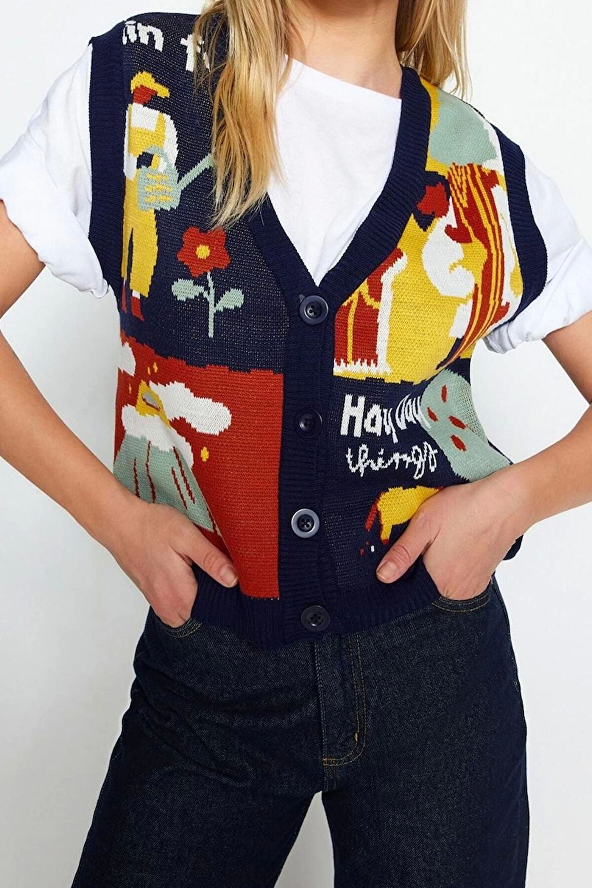 Kadın Moda Şık Regular V Yaka Regular Düğmeli Triko Yelek