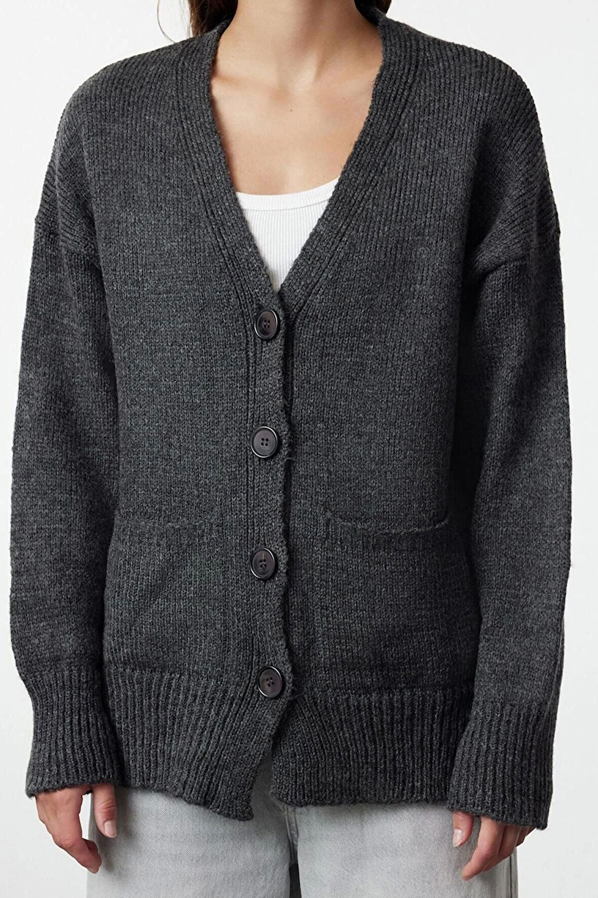 Kadın Moda Şık Regular V Yaka Uzun Kol Düz Basic Yumuşak Dokulu Triko Hırka
