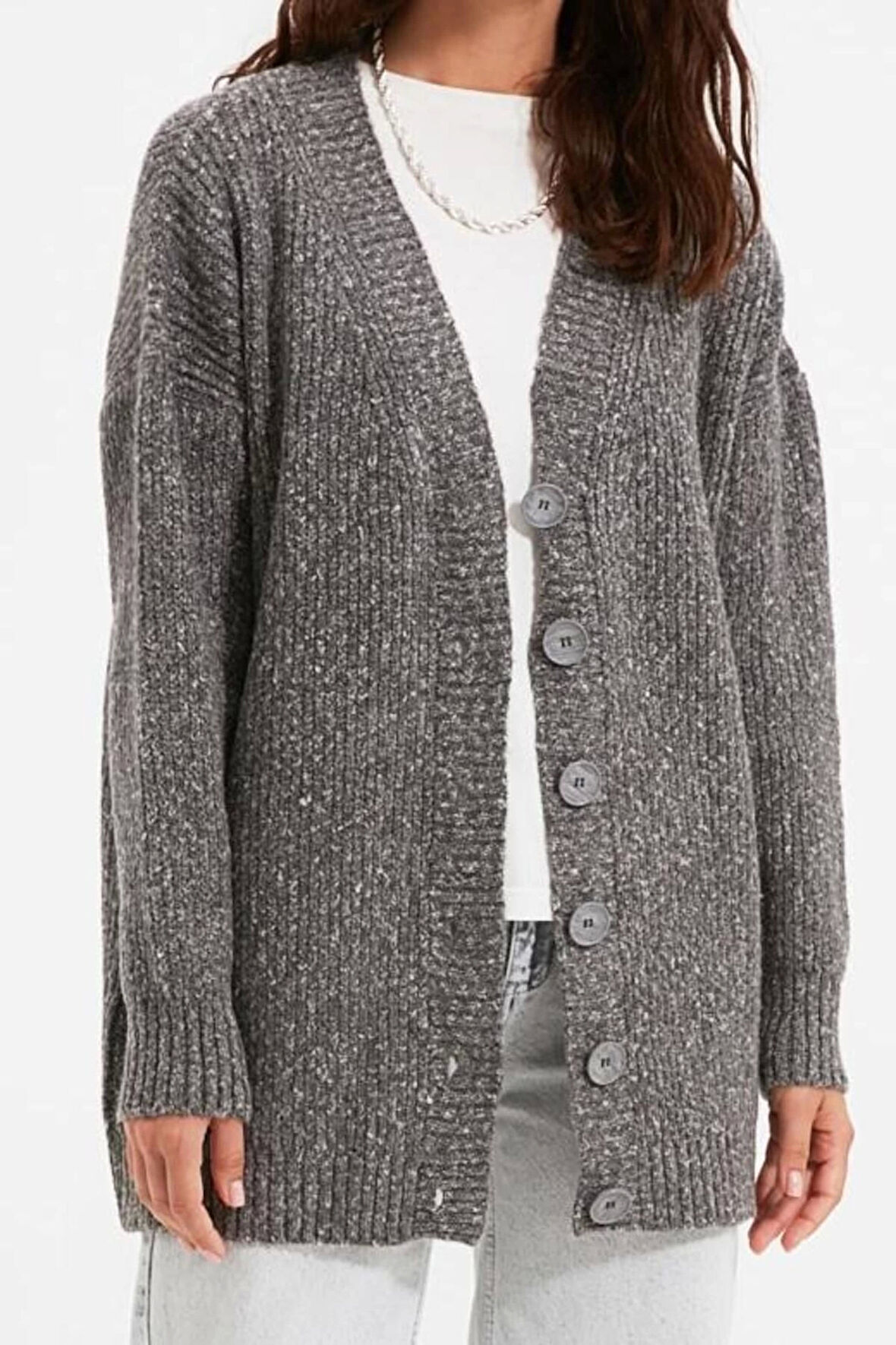 Kadın Tesettür Moda Şık Regular V Yaka Uzun Kol Düz Düğmeli Yumuşak Triko Hırka