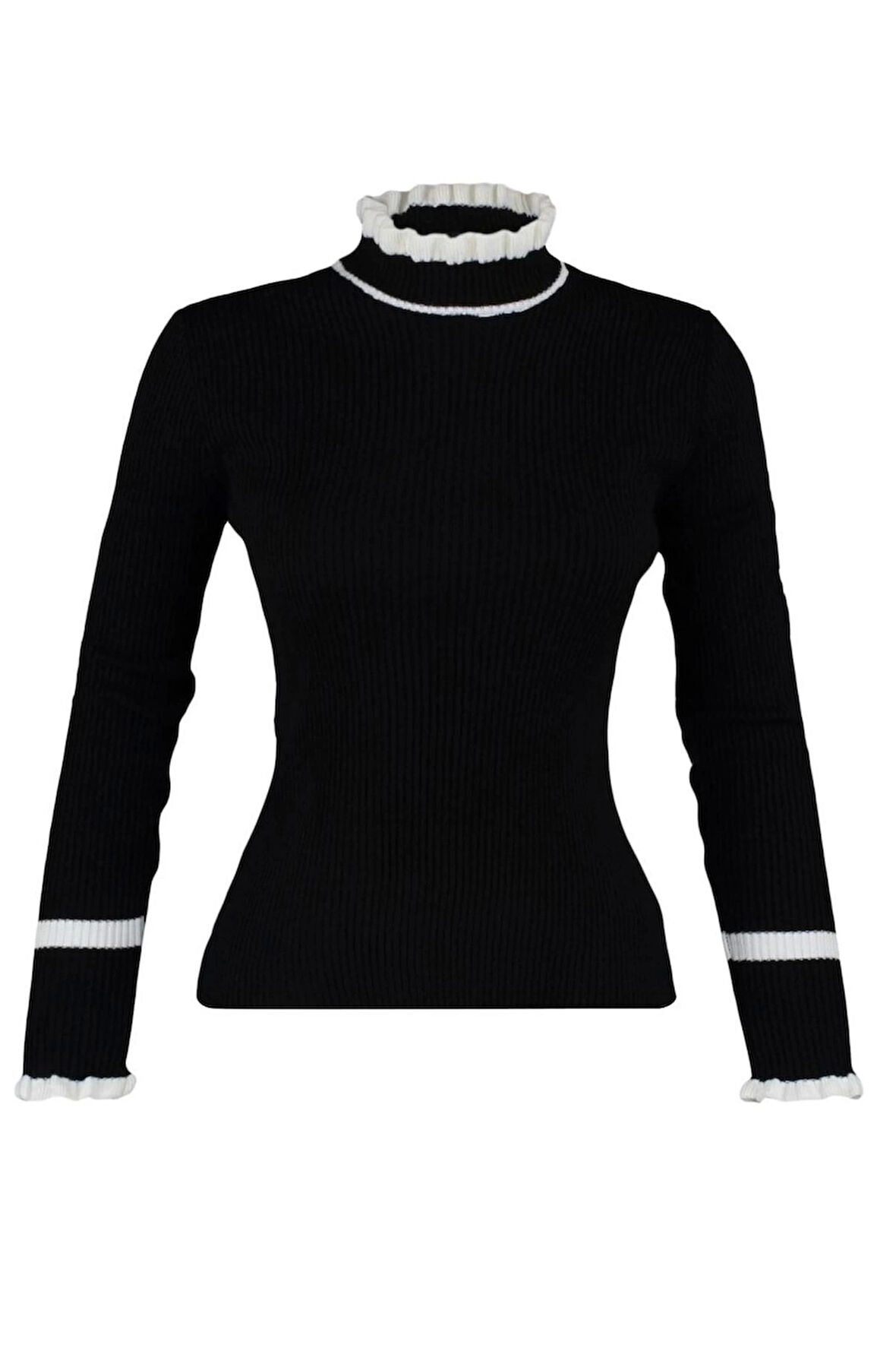 Kadın Moda Şık Regular Dik Yaka Uzun Kol Renk Bloklu Triko Kazak