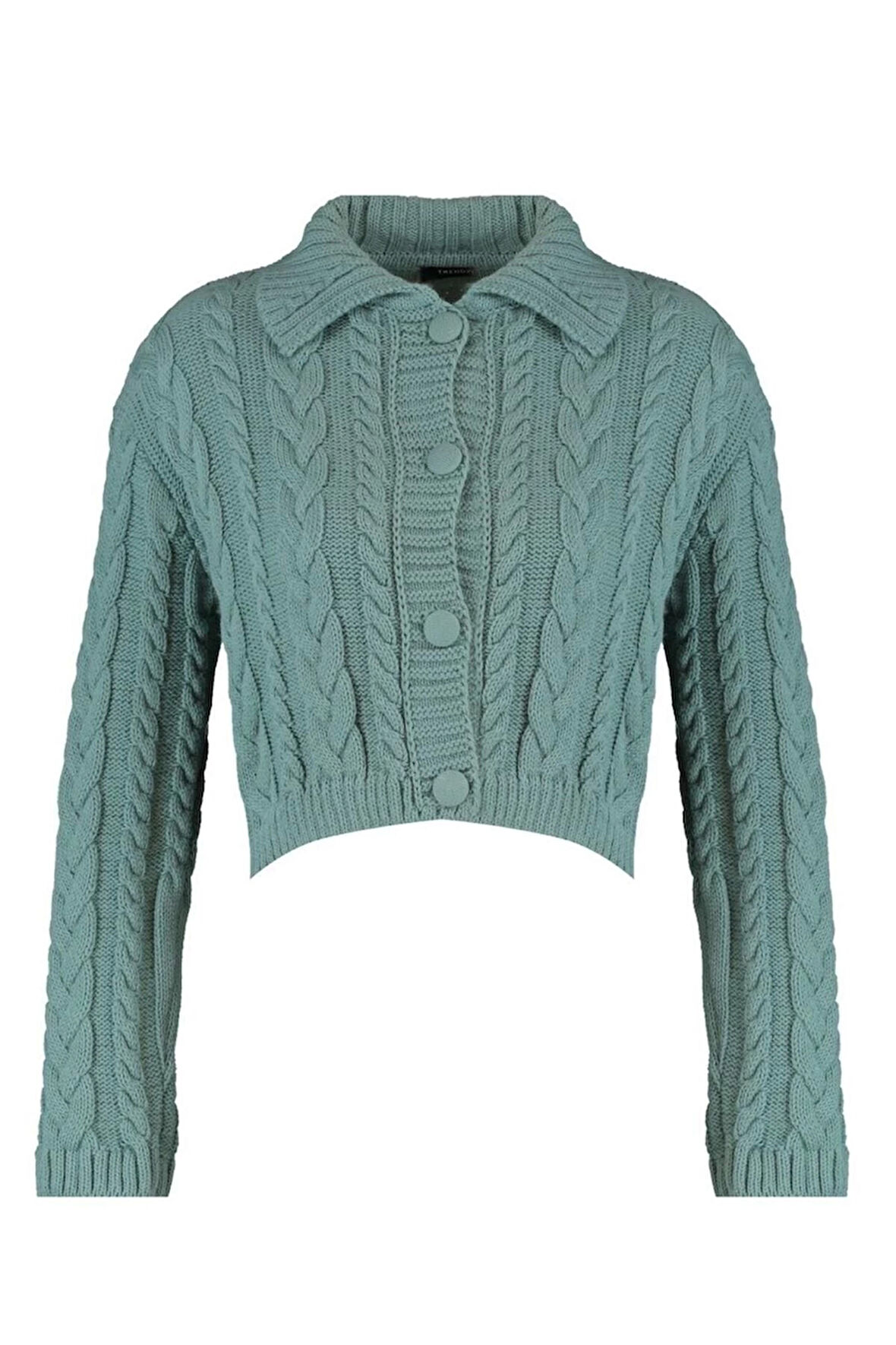 Kadın Moda Şık Crop Polo Yaka Uzun Kol Saç Örgü Crop Polo Yaka Triko Hırka