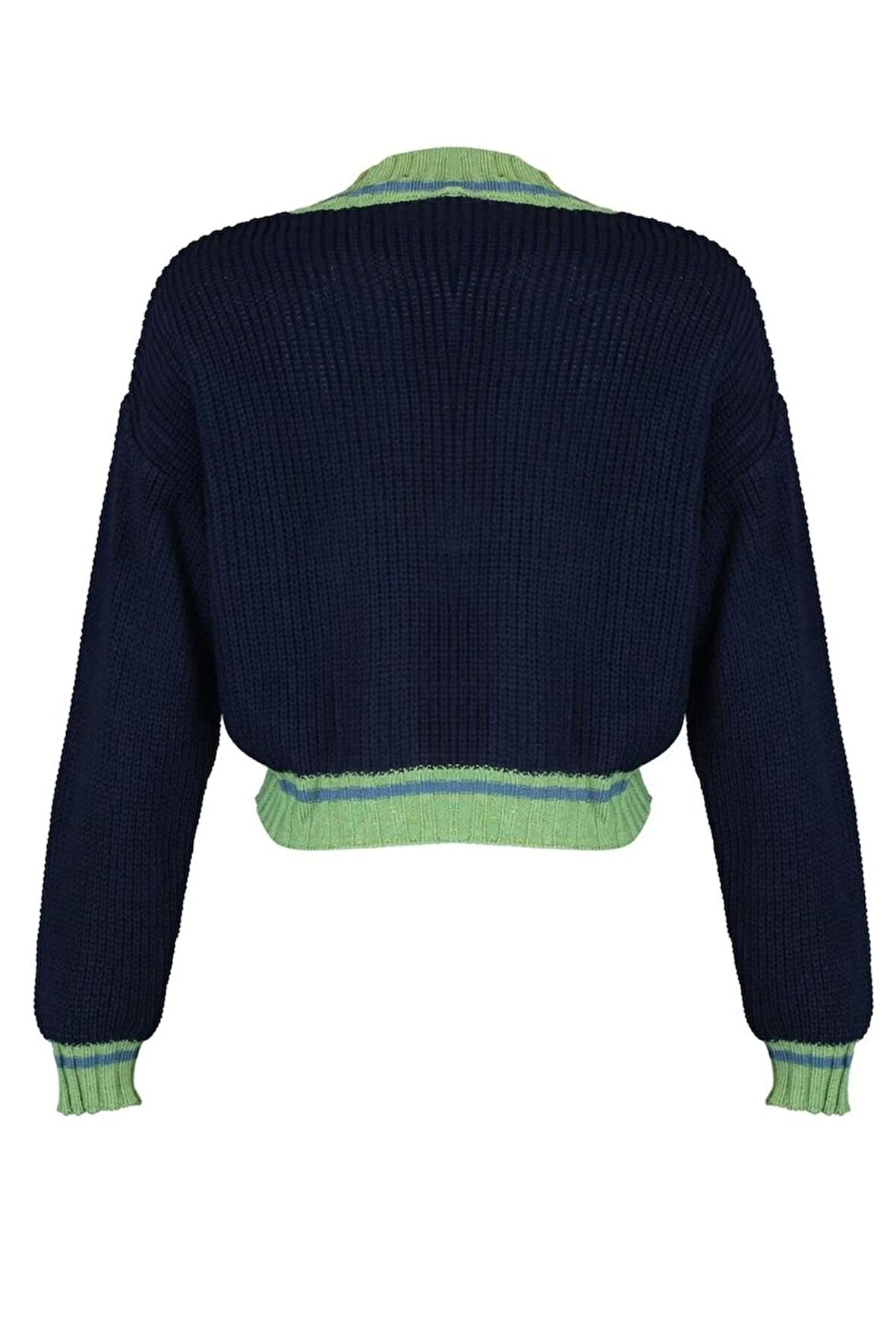 Kadın Moda Şık Crop V Yaka Uzun Kol Renk Bloklu Crop Kolej Temalı Triko Kazak