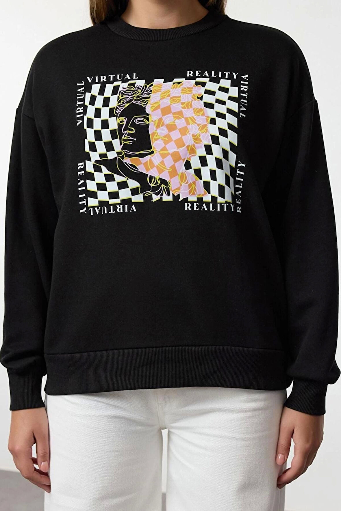 Kadın Moda Şık Bol Bisiklet Yaka Düşük Kol Uzun İnce Baskılı Normal Kesim Örme Sweatshirt