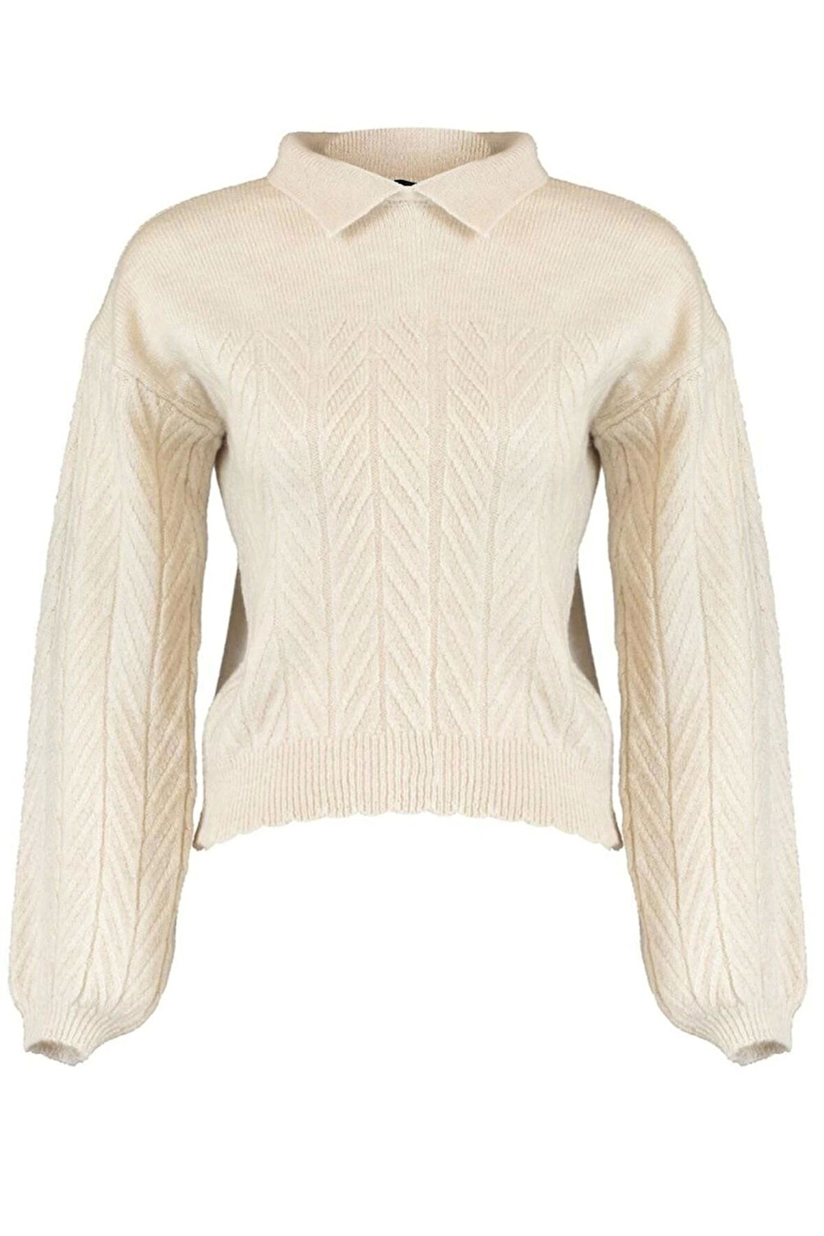 Kadın Moda Şık Regular Polo Yaka Uzun Kol Saç Örgü Geniş Kalıp Yumuşak Dokulu lü Triko Kazak