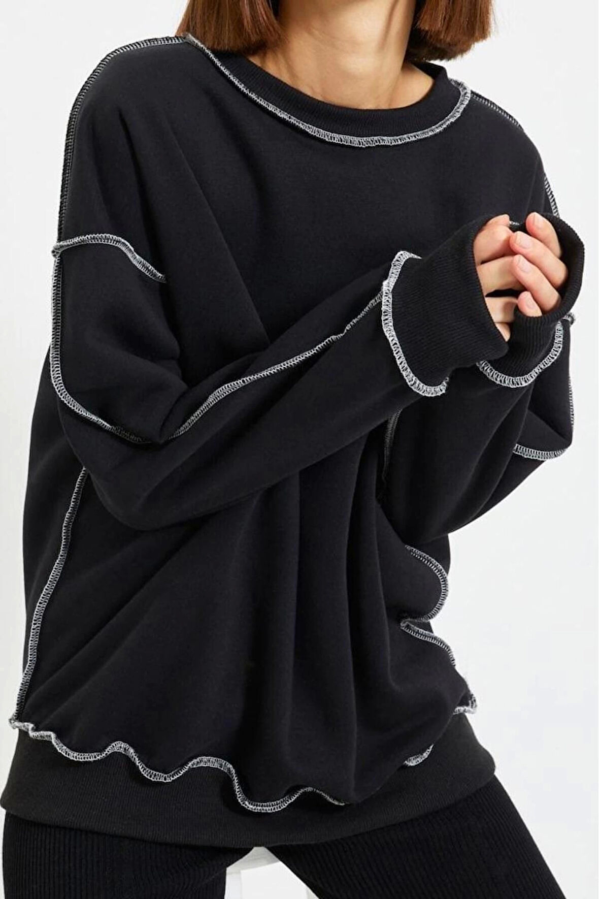 Kadın Bol Bisiklet Yaka Düşük Kol Uzun Normal Kalıp Karyoka Dikişli Kalın Polarlı Örme Sweatshirt