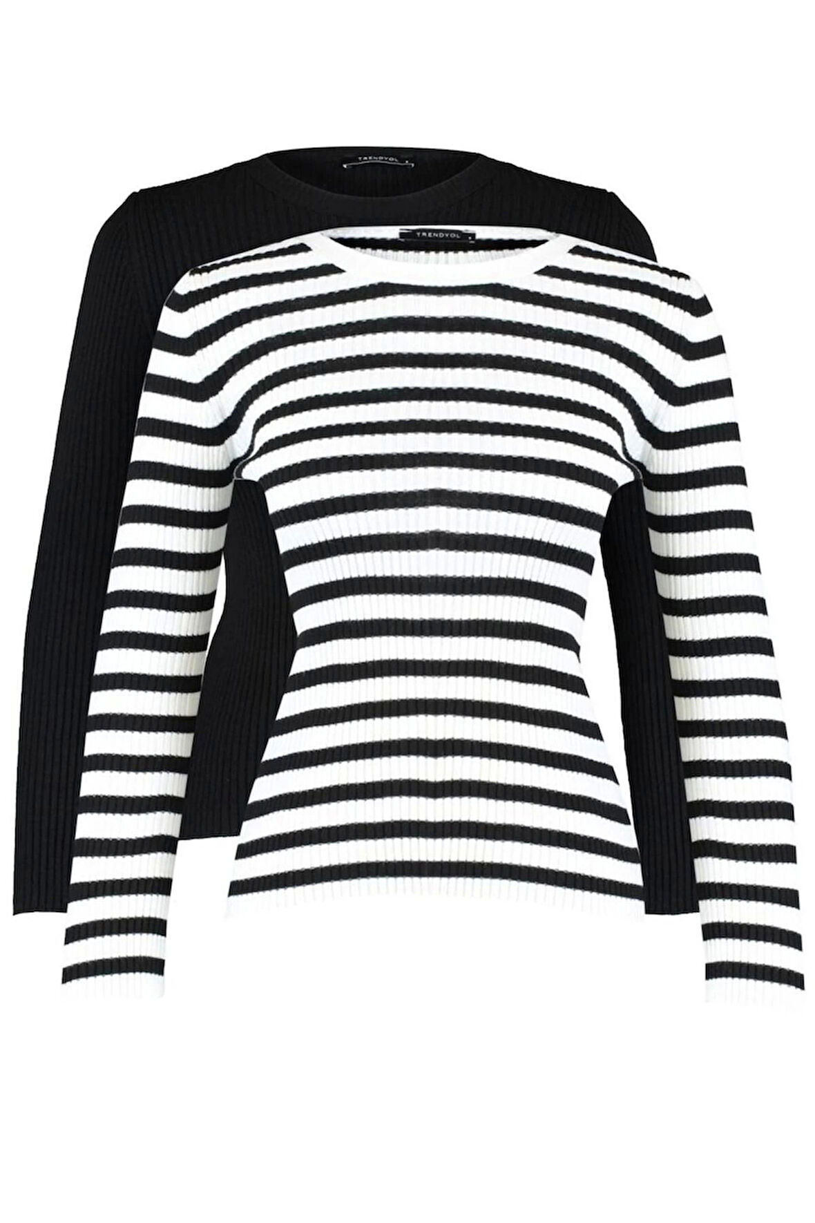 Kadın Moda Şık Regular Bisiklet Yaka Uzun Kol Düz İkili Paket Triko Kazak