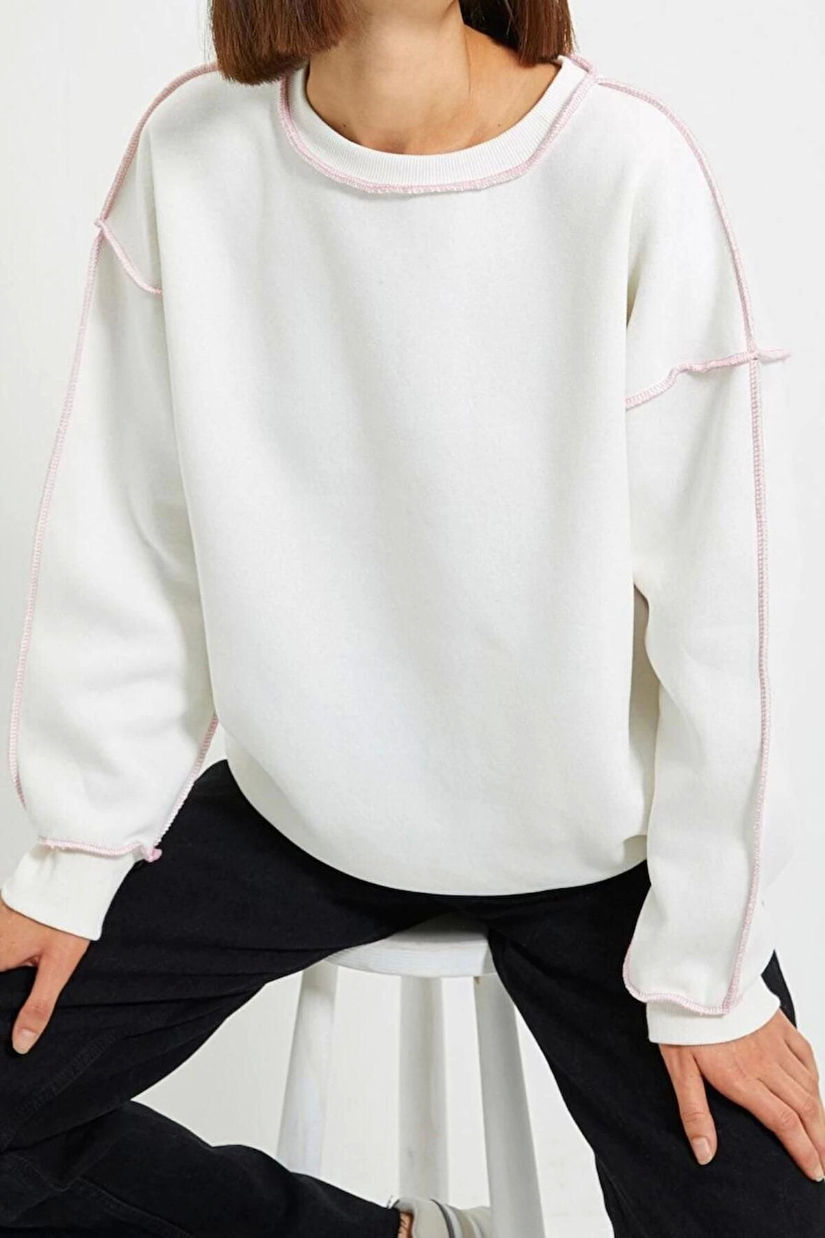 Kadın Bol Bisiklet Yaka Düşük Kol Uzun Normal Kalıp Karyoka Dikişli Kalın Polarlı Örme Sweatshirt