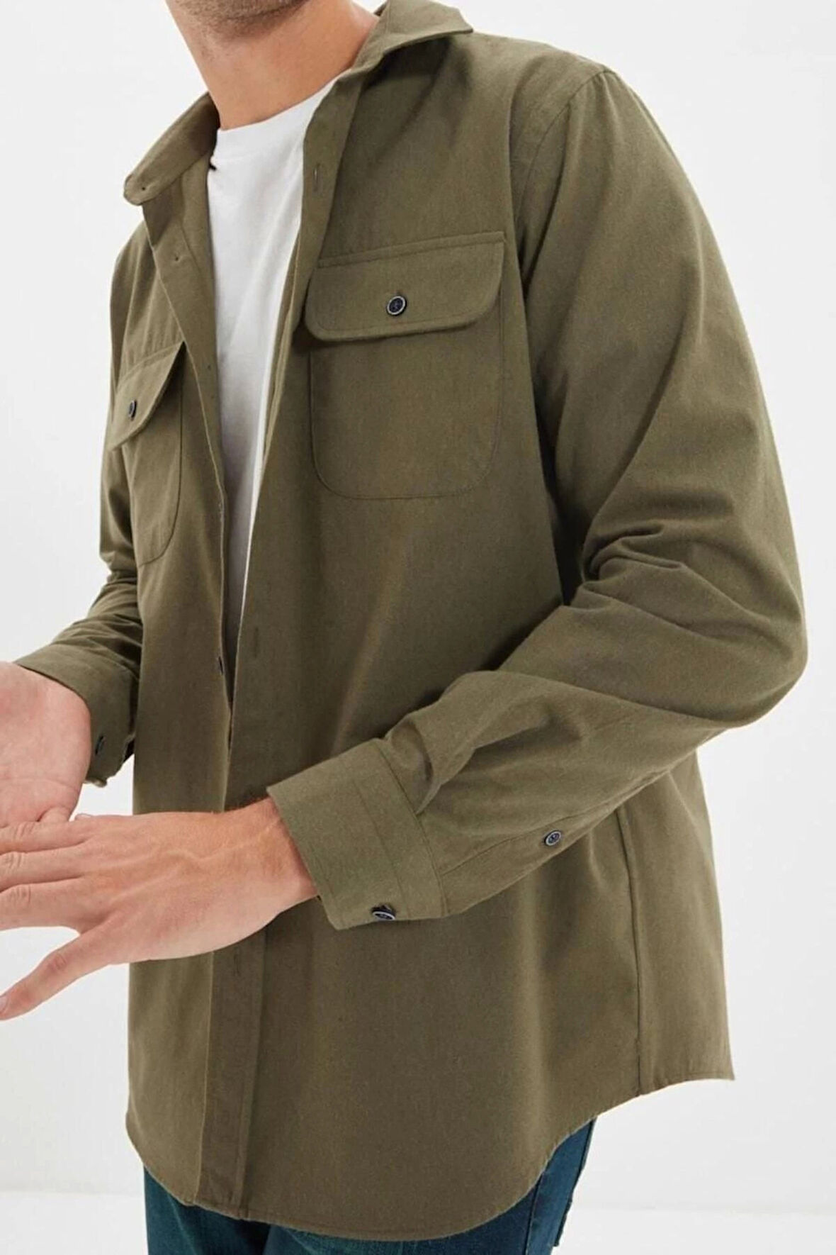 Erkek Moda Uzun Kol Dokuma Haki Regular Fit Çift Cep Kapaklı Kışlık Gömlek