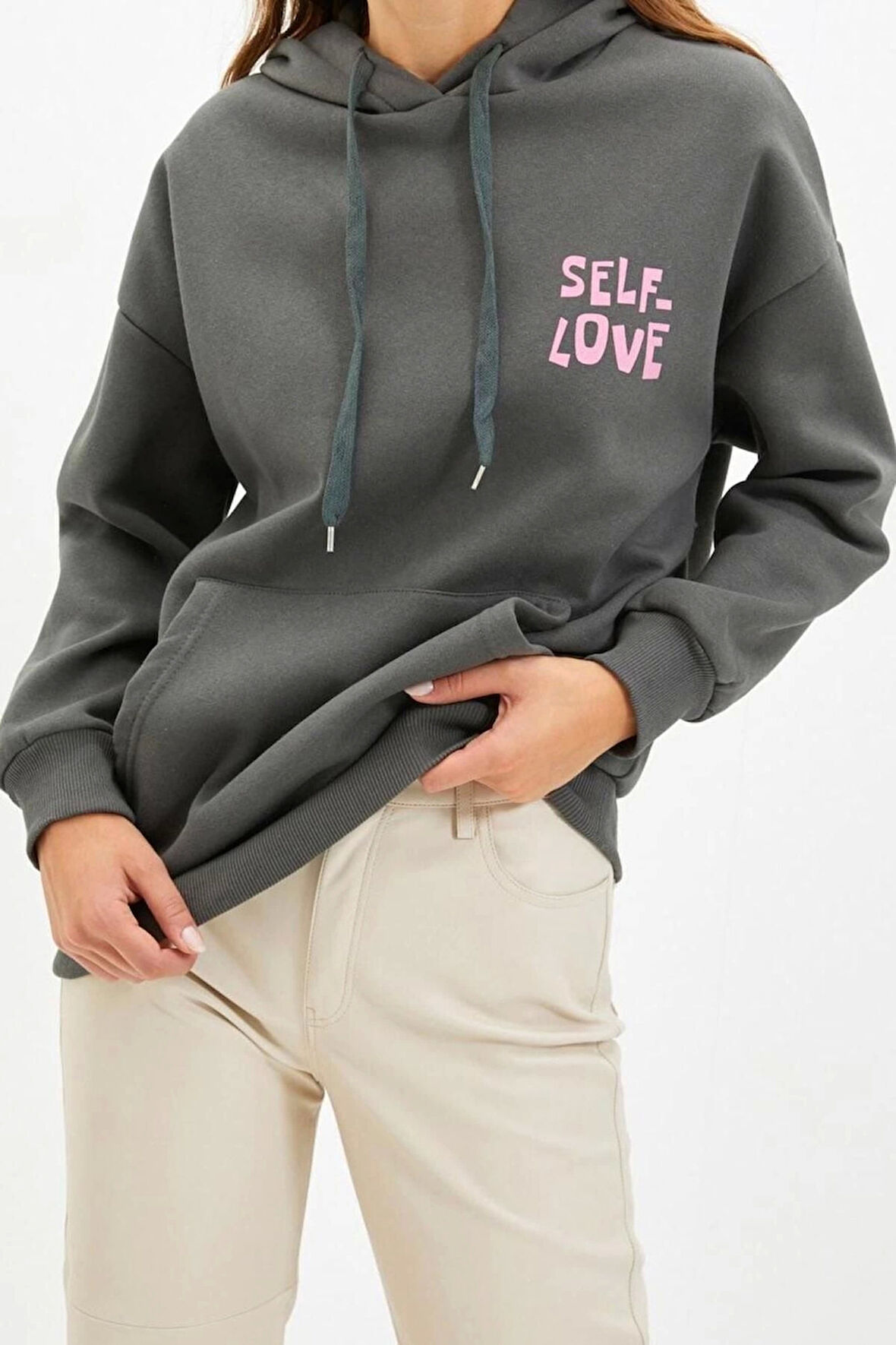 Kadın Oversize Kapüşonlu Düşük Kol Uzun Sırt Baskı Geniş Kalıp Kalın İçi Polarlı Örme Sweatshirt