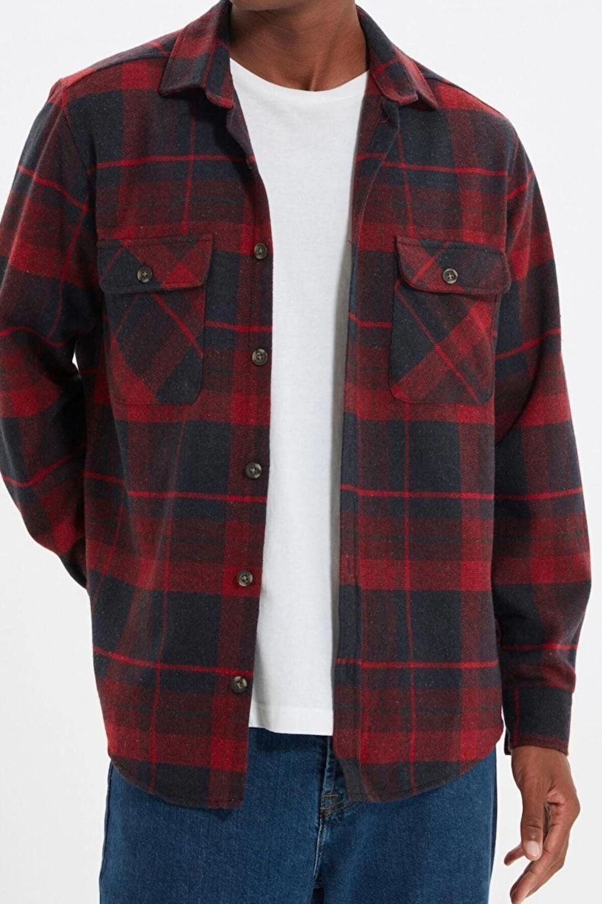Erkek Moda Uzun Kol Dokuma Bordo Çift Cep Kapaklı Regular Fit Kışlık Oduncu Kareli Gömlek