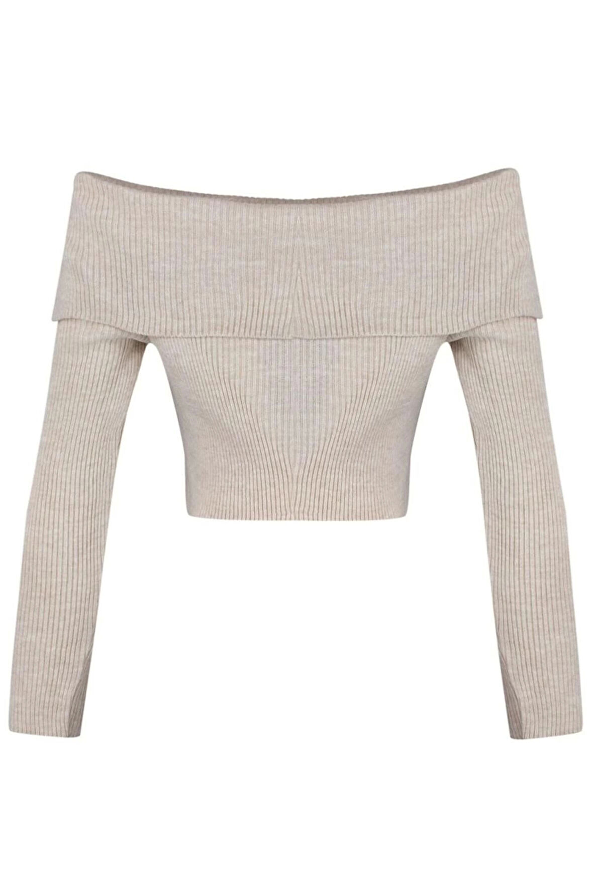 Kadın Moda Şık Crop Carmen Yaka Uzun Kol Düz Süper Crop Carmen Yaka Triko Kazak