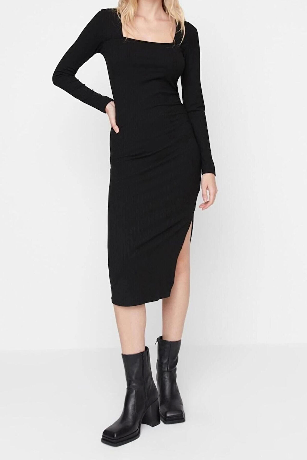 Yeni Slim Casual Günlük Poliviskon Kaşkorse Örme Kare Yaka Uzun Kol Bodycone Midi Boy Elbise