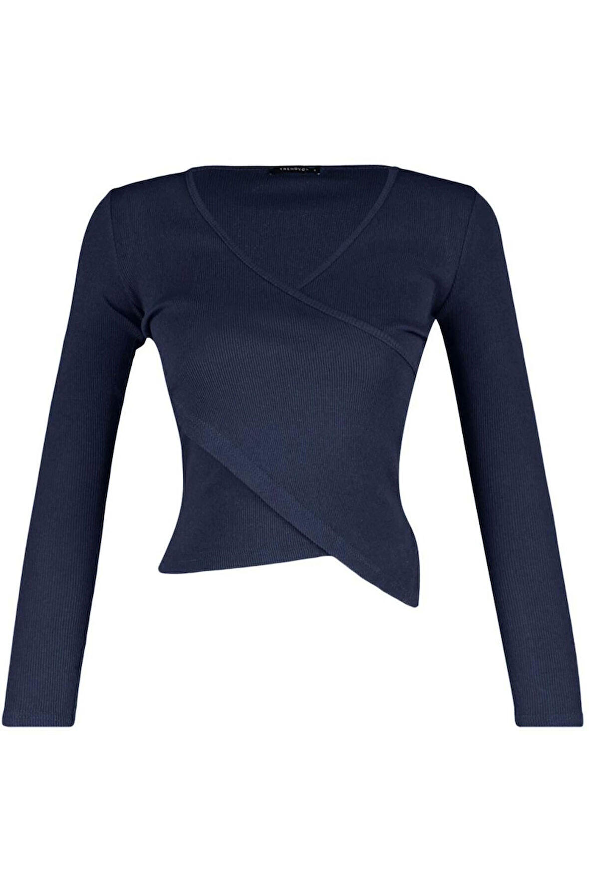 Kadın Moda Şık Regular Kruvaze Yaka Slim Kalıp Örme Fitted Vücuda Oturan Yaka Kol Fitilli Esnek Bluz