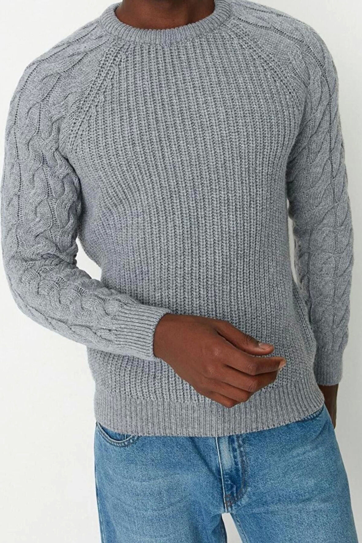 Erkek Moda Şık Regular Bisiklet Yaka Uzun Kol Saç Örgü Unisex Triko Kazak