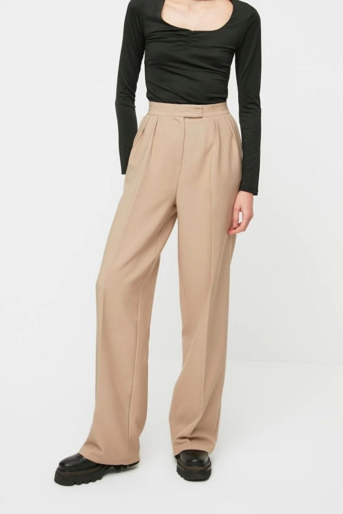 Kadın Yeni Moda Boru Paça Regular Boy Dokuma Wide Leg Geniş Paça Yüksek Bel Pantolon