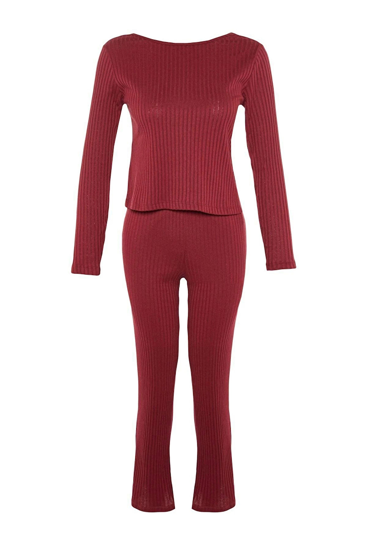 Kadın Moda Şık Bisiklet Yaka Geniş Paça Uzun Kol Lastikli Fitilli Örme Pijama Takımı