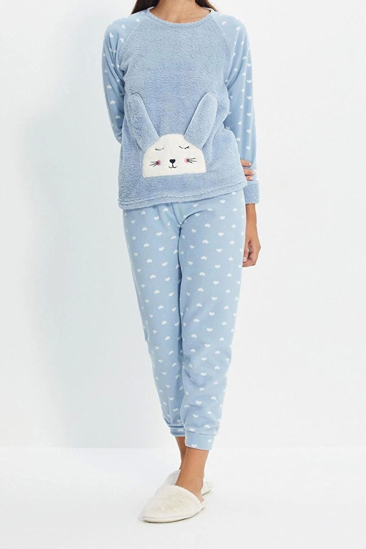 Kadın Moda Bisiklet Yaka Boru Paça Uzun Kol 3lü Kalpli Uyku Bantlı Polar Kışlık Örme Pijama Takımı