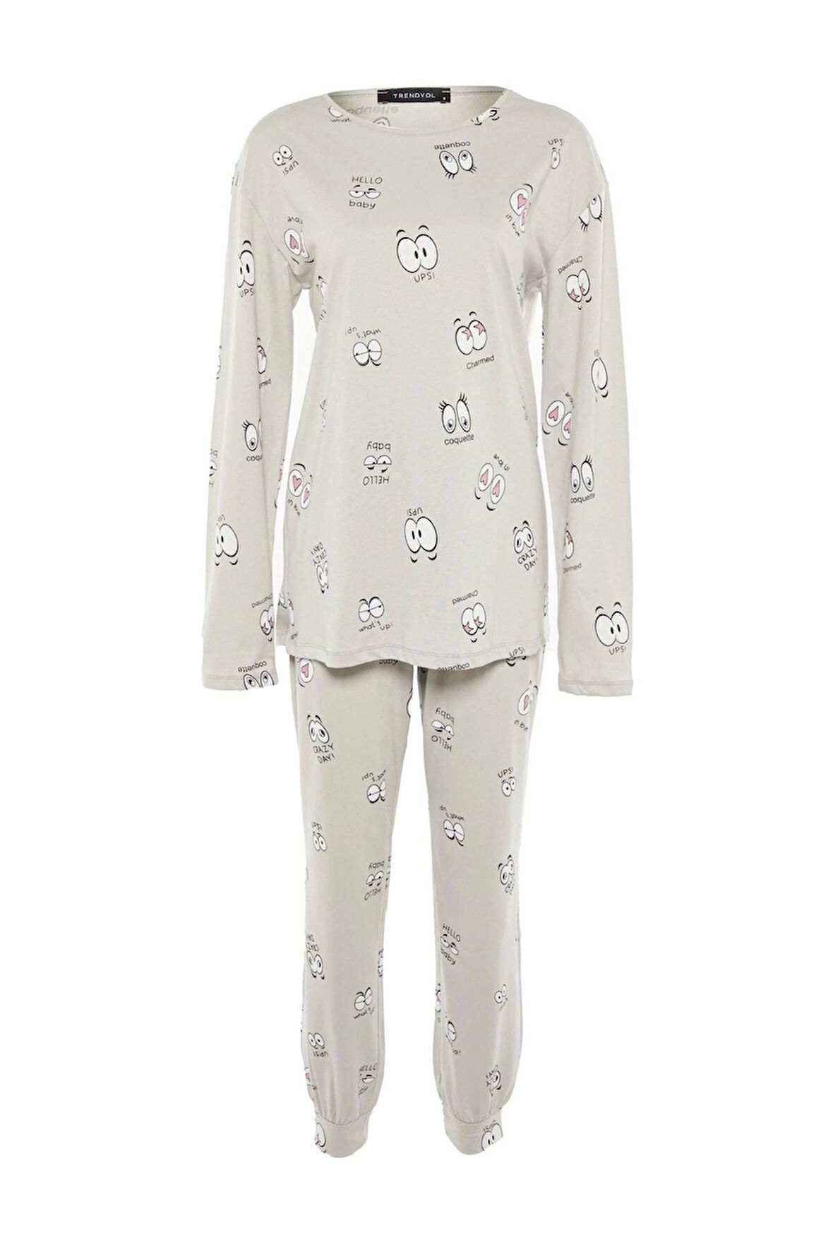 Kadın Moda Bisiklet Yaka Boru Paça Uzun Kol 100 Pamuk Göz Desenli T-shirt-Jogger Örme Pijama Takımı