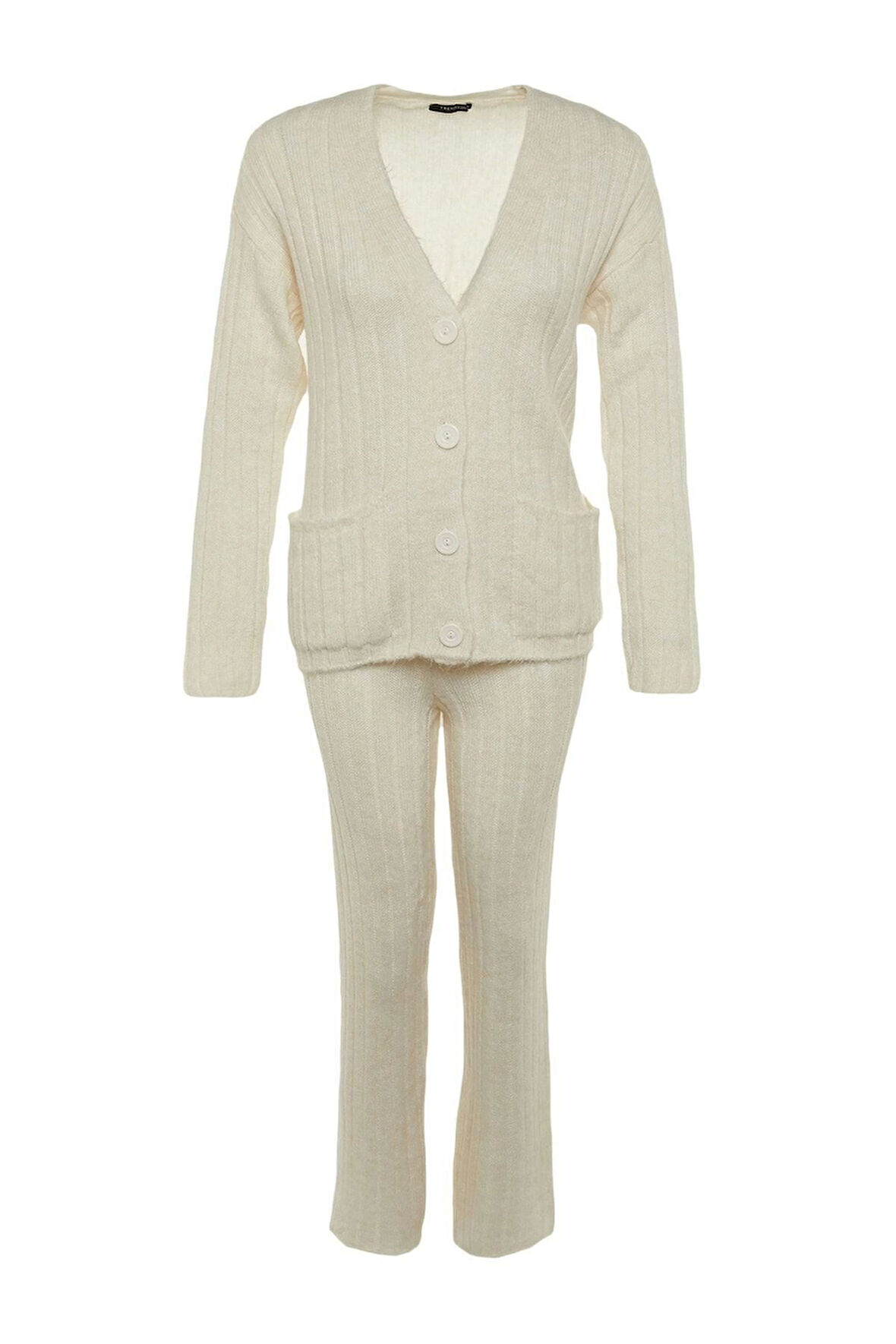 Kadın Moda Şık Geniş Paça Regular Boy Uzun Kollu Geniş Kalıp Yumuşak Dokulu Triko Alt-Üst Takım