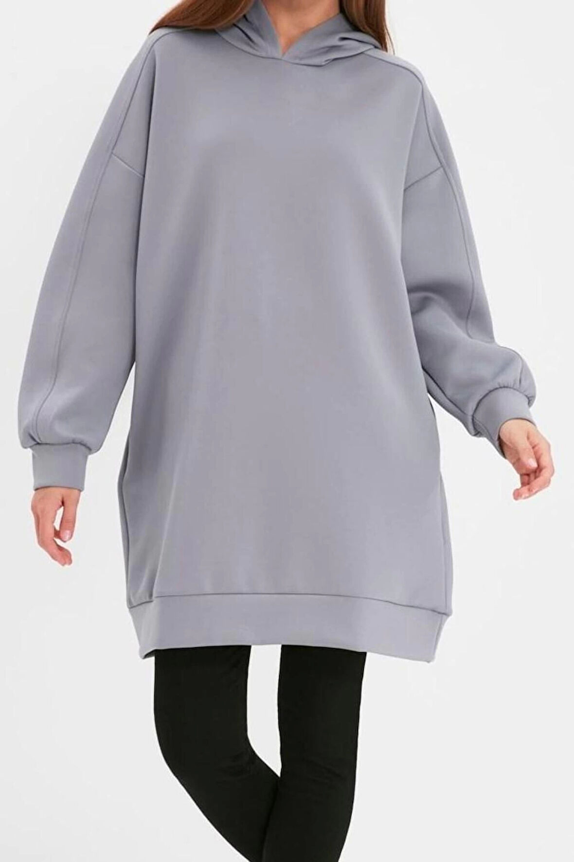 Kadın Tesettür Moda Şık Regular Kapüşonlu Standart Kol Uzun Geniş Kalıp Cepli Scuba Örme Sweatshirt