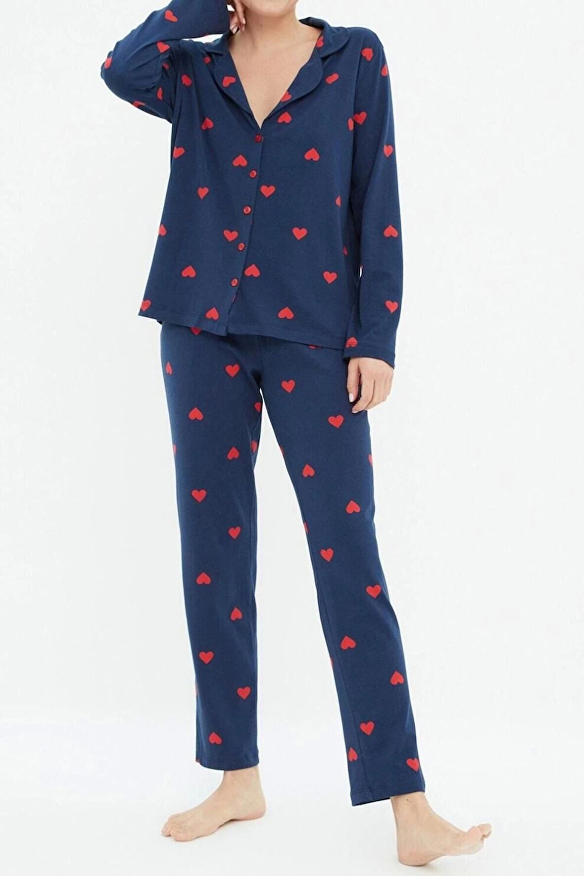 Kadın %100 Pamuk Ceket Yaka Uzun Kol %100 Pamuk Kalp Desenli Gömlek-Pantolon Örme Pijama Takımı