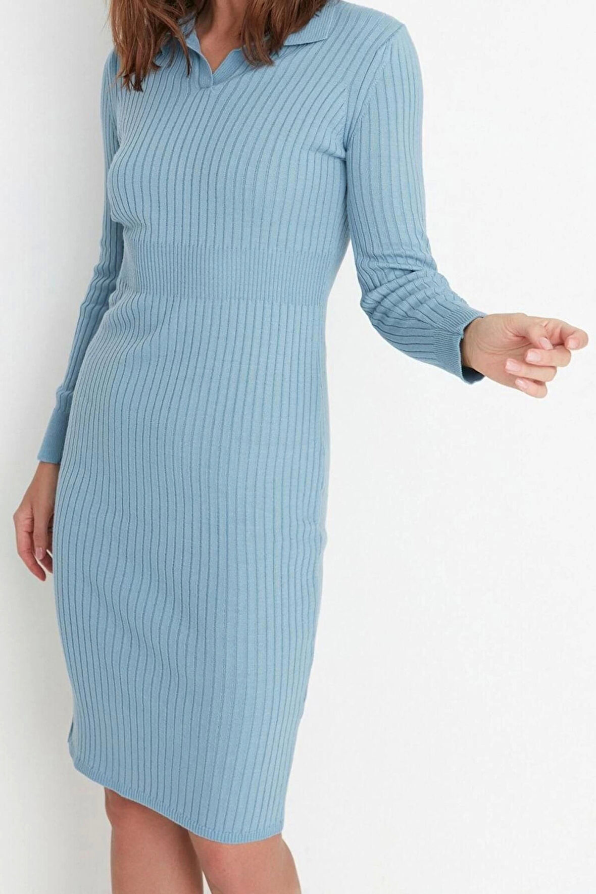 Yeni Slim Casual Günlük Fitilli Triko Polo Yaka Uzun Kol Bodycone Midi Boy Elbise