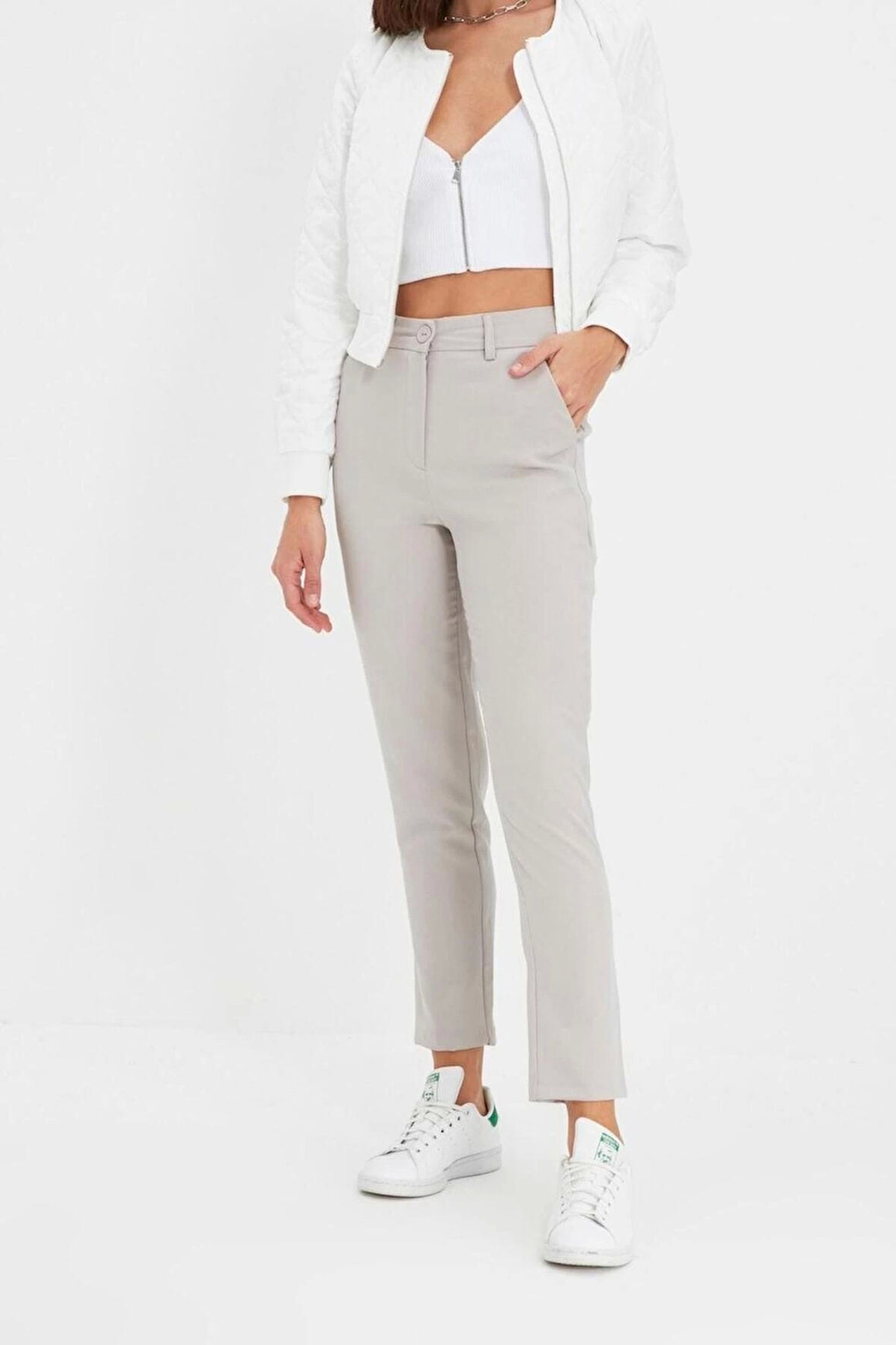 Kadın Yeni Moda Boru Paça Regular Boy Dokuma Basic Cigarette Dar Paça Pantolon