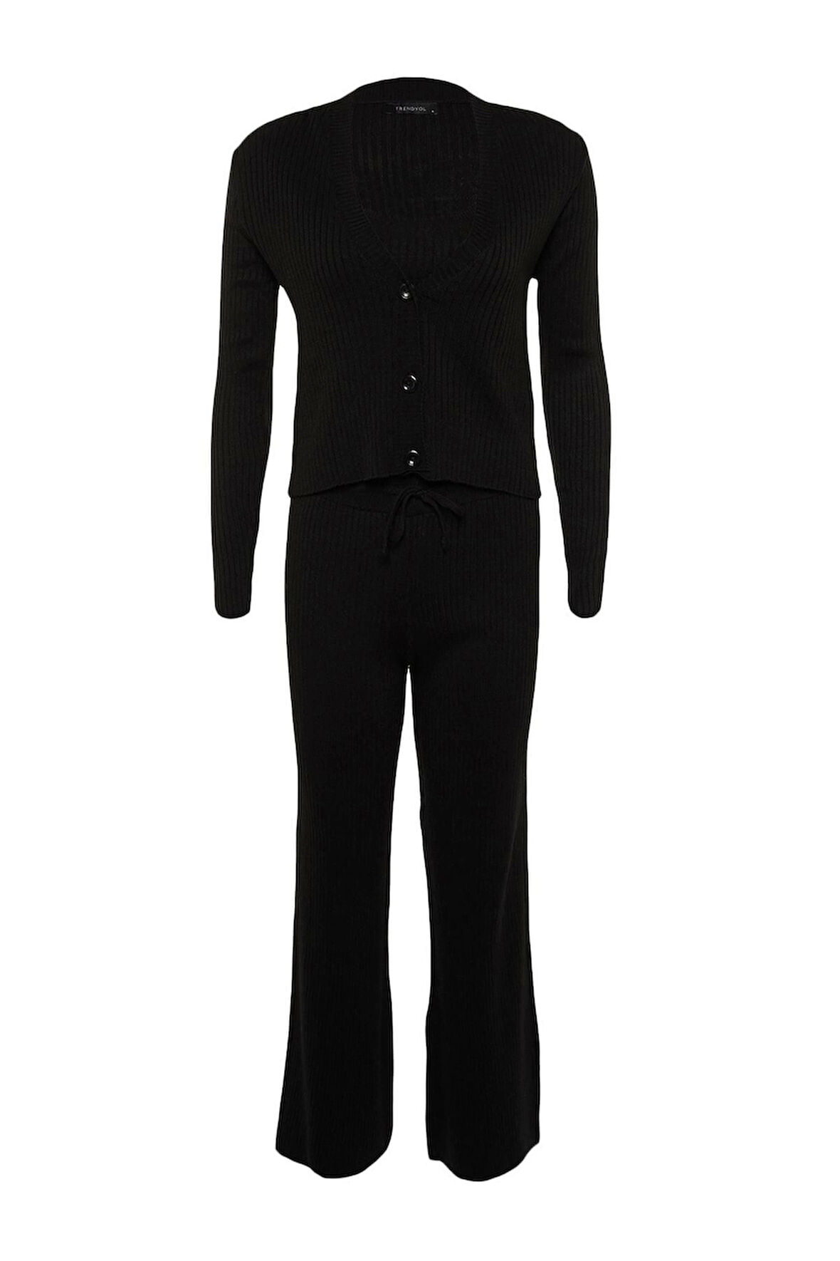 Kadın Moda Şık Geniş Paça Crop Boy Uzun Kollu Fitillli Bluz Hırka Pantolon Triko Alt-Üst Takım