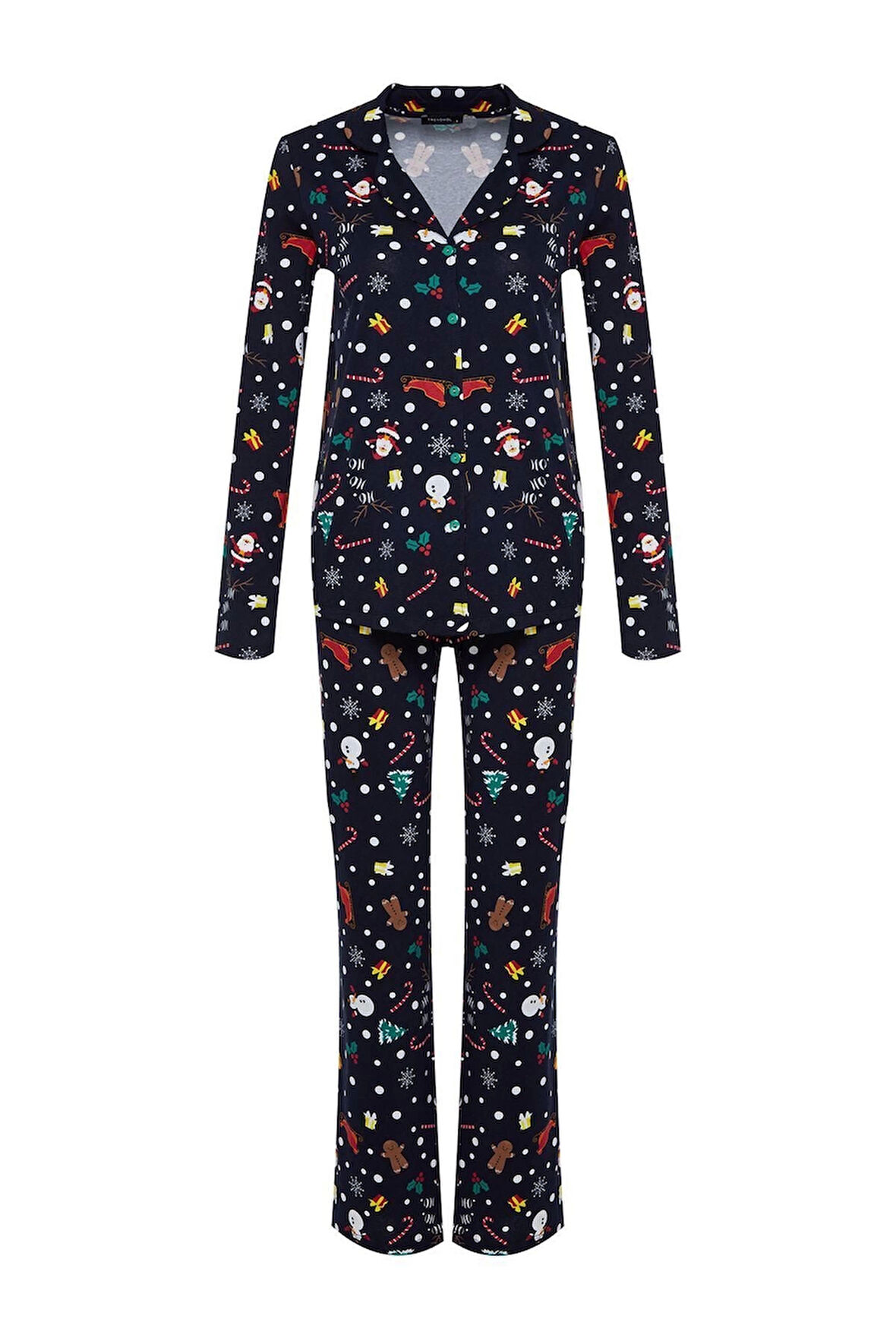 Kadın Moda Şık Gömlek Yaka Boru Paça Uzun Kol %100 Pamuklu Yılbaşı Temalı Örme Pijama Takımı
