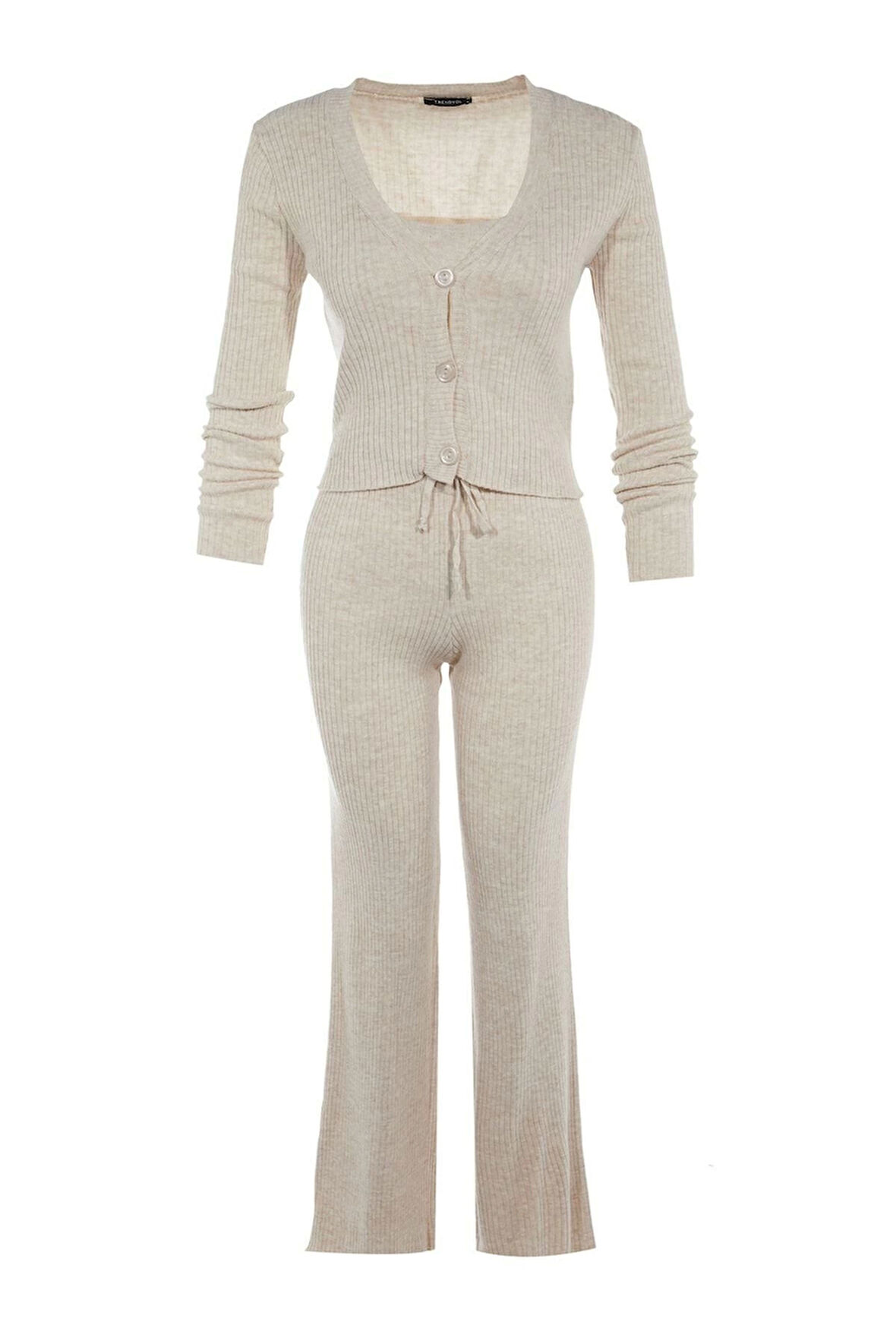 Kadın Moda Şık Geniş Paça Crop Boy Uzun Kollu Fitillli Bluz Hırka Pantolon Triko Alt-Üst Takım