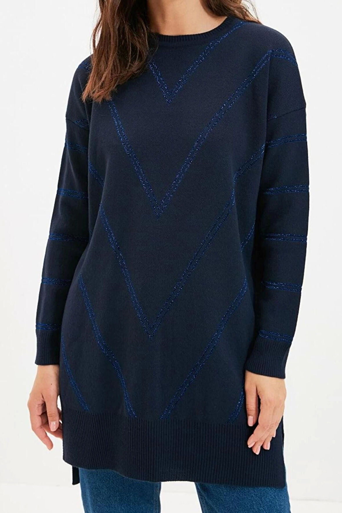 Kadın Moda Şık Tesettür Bisiklet Yaka Düşük Kol Midi Simli Uzun Triko Kazak