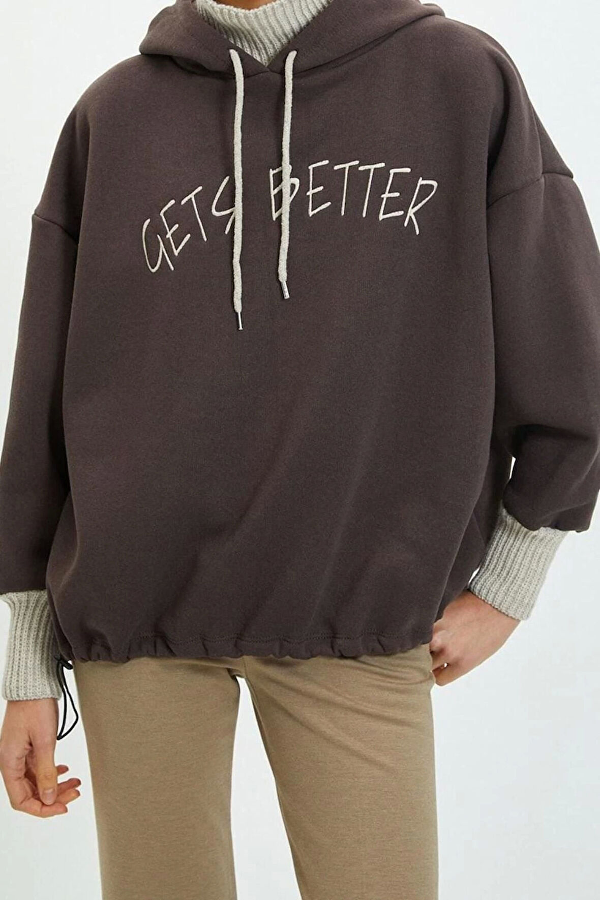 Kadın Moda Şık Relaxed Kapüşonlu Düşük Kol Uzun Kalın İçi Polarlı Triko Bant Detaylı Örme Sweatshirt