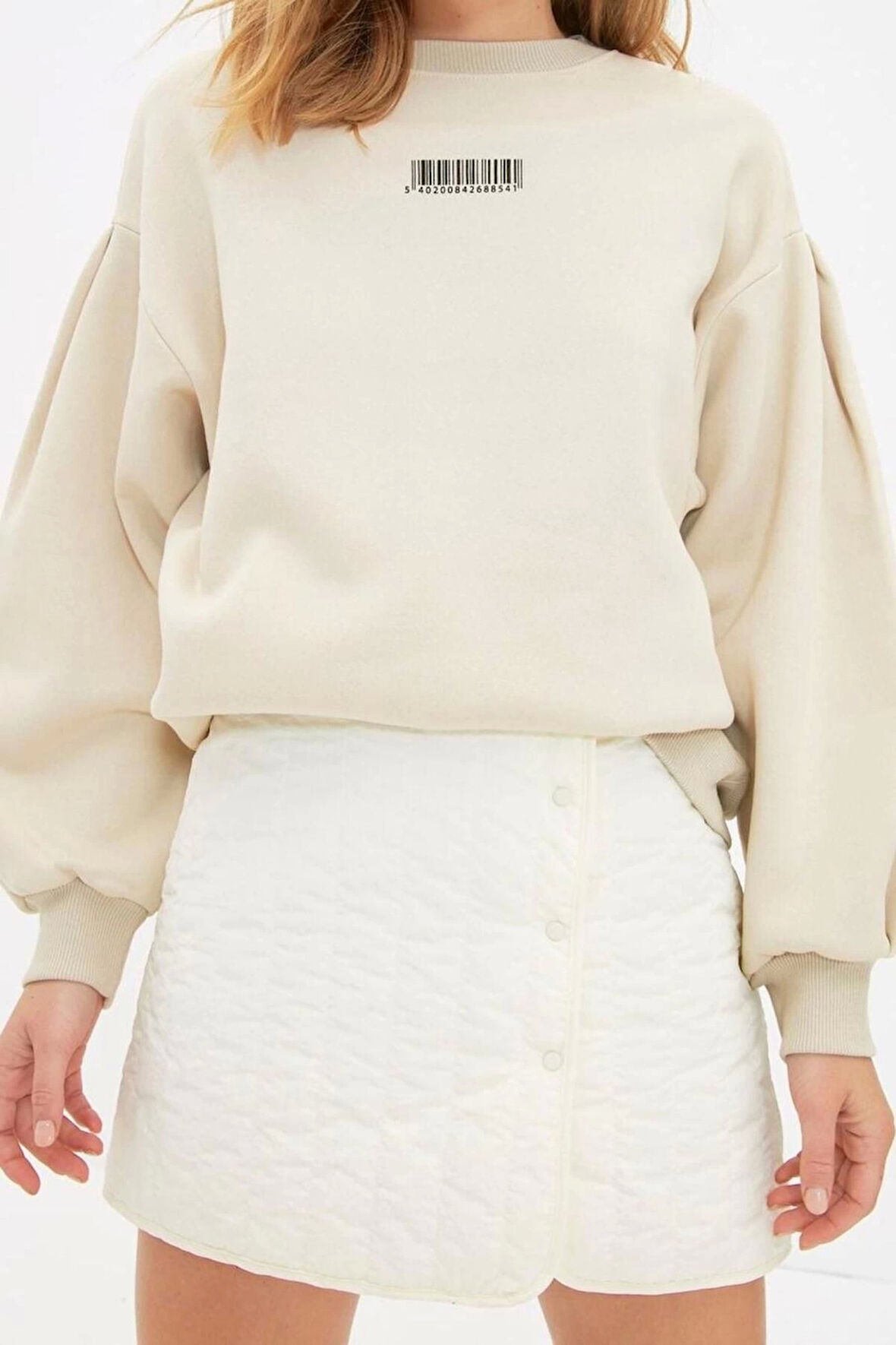 Kadın Bisiklet Yaka Balon Kol Kalın İçi Polarlı Minimal Baskılı Balon Kol Örme Sweatshirt