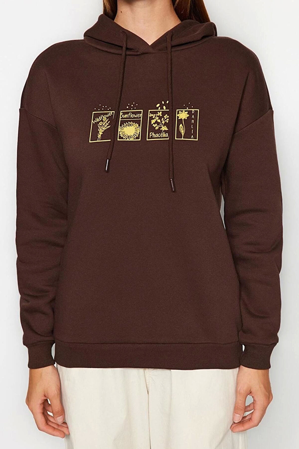 Kadın Moda Şık Bol Kapüşonlu Düşük Kol Uzun Baskılı Kalın İçi Polarlı Örme Sweatshirt
