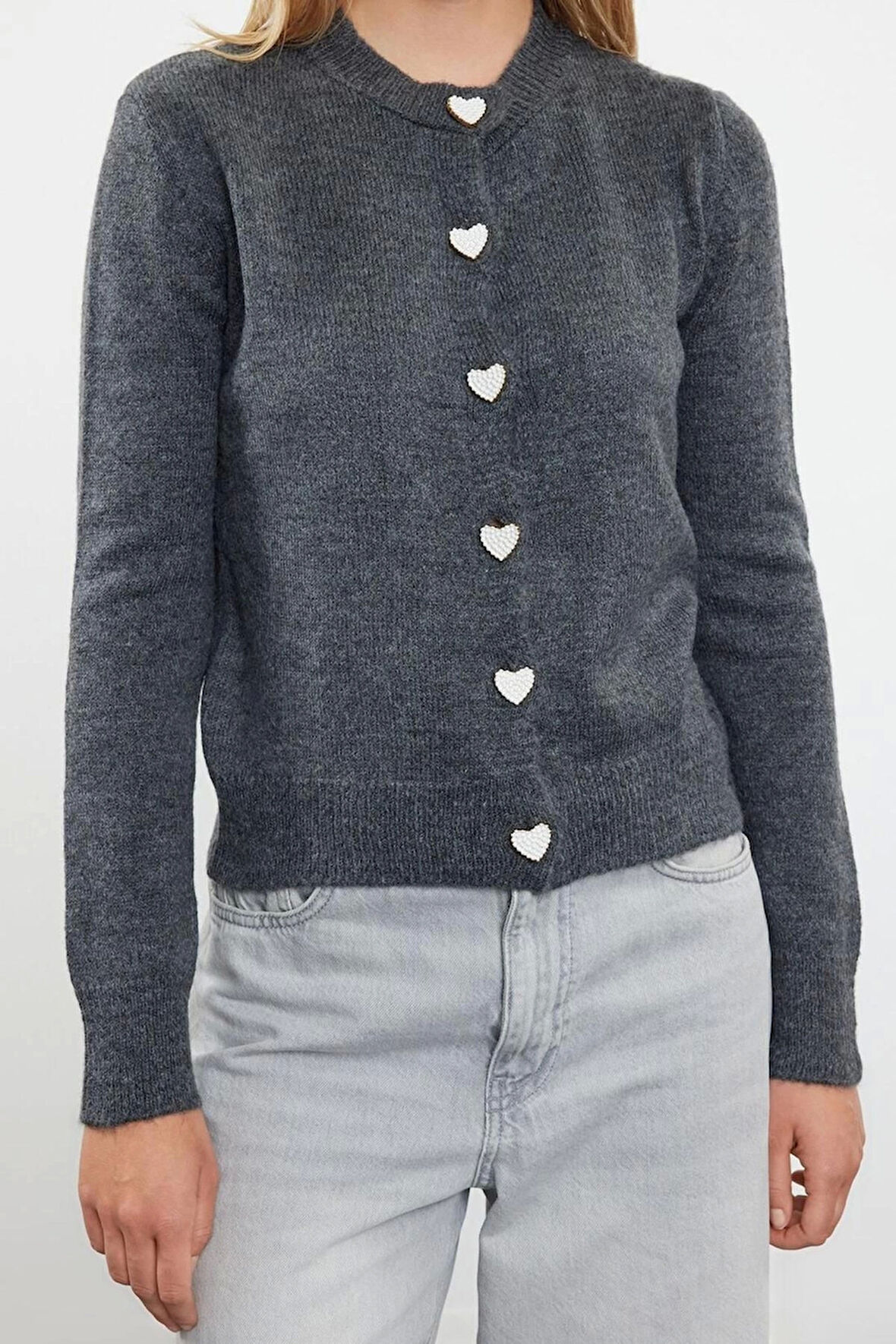 Kadın Regular Bisiklet Yaka Uzun Kol Düz Yumuşak Dokulu Mücevher Düğmeli Ceket Görünümlü Triko Hırka