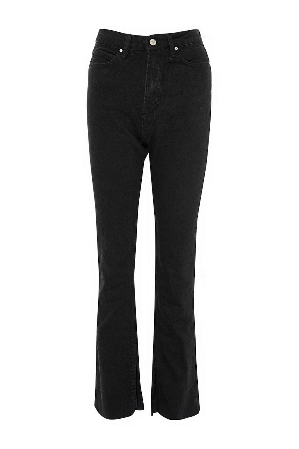 Kadın Moda Şık Kot Pantolon Boru Paça Regular Boy Denim Lacivert Yırtmaçlı Yüksek Bel Jeans