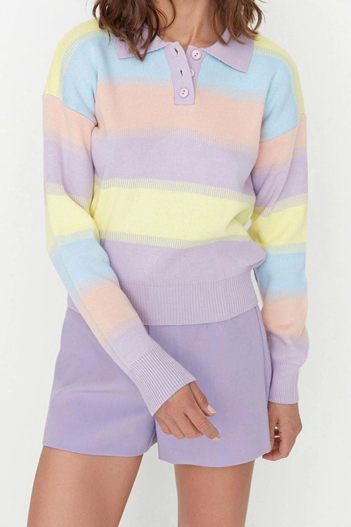 Kadın Moda Şık Regular Polo Yaka Uzun Kol Renk Bloklu Triko Kazak