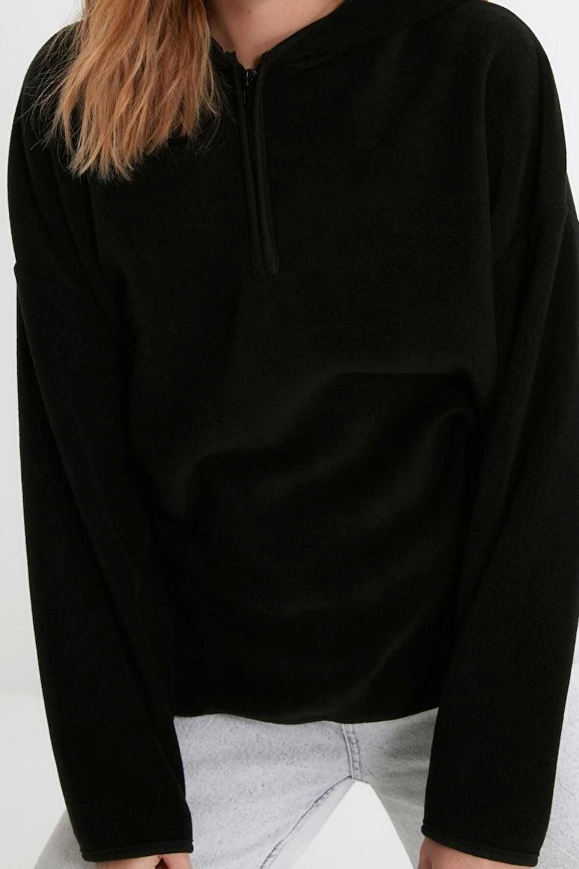 Kadın Moda Şık Bol Kapüşonlu Düşük Kol Uzun Kalın Polar ve Fermuarlı Geniş Kalıp Örme Sweatshirt