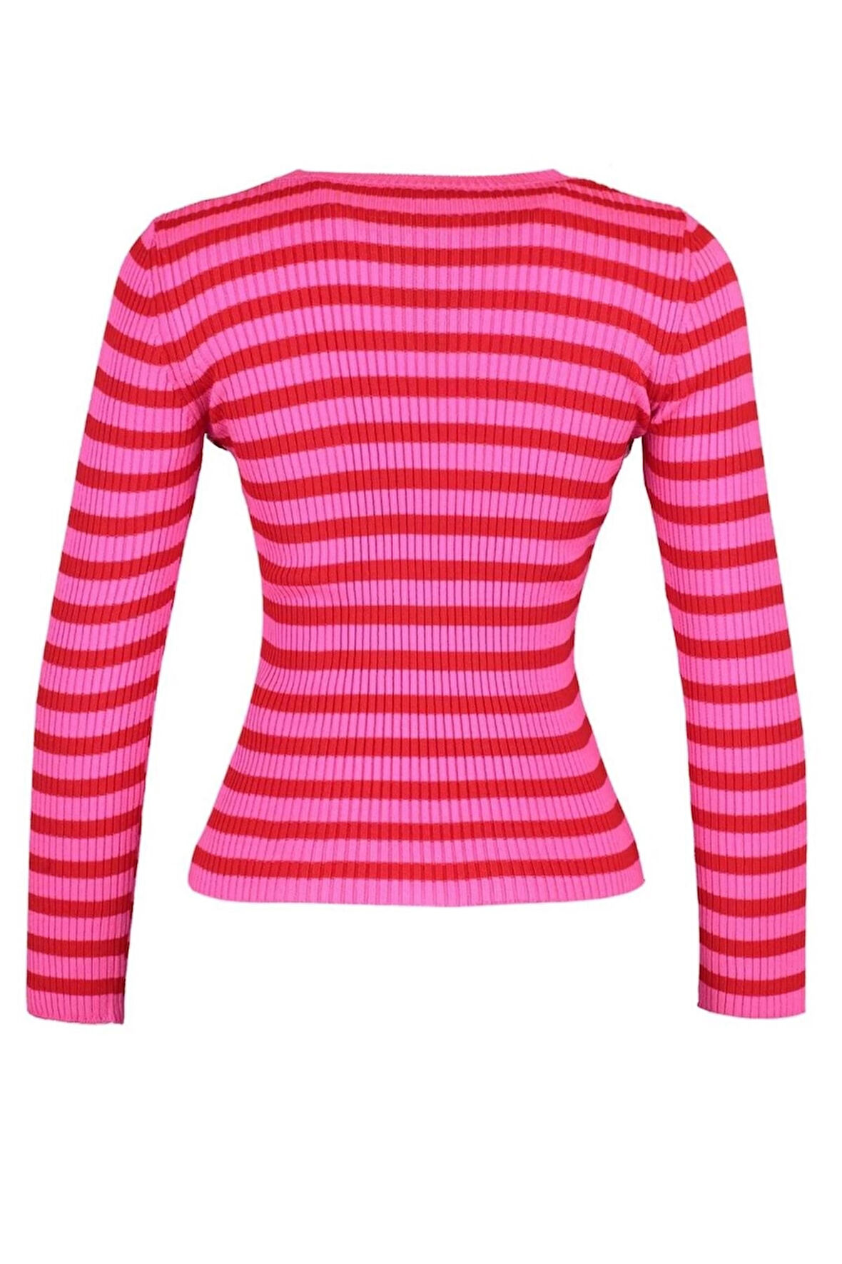 Kadın Moda Şık Regular Bisiklet Yaka Uzun Kol Çizgili Basic Triko Kazak