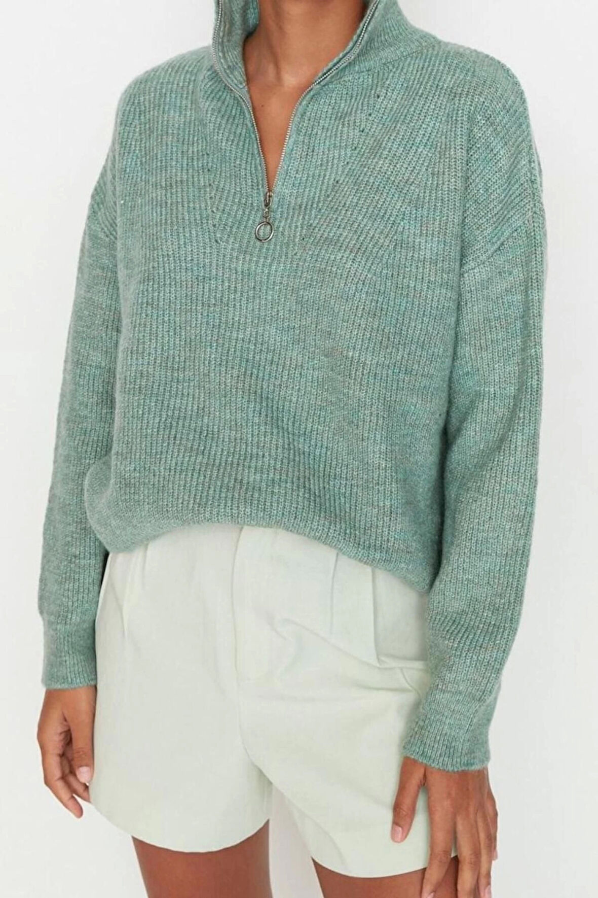 Kadın Moda Şık Regular Dik Yaka Uzun Kol Düz Couple Yumuşak Dokulu Fermuarlı Triko Kazak