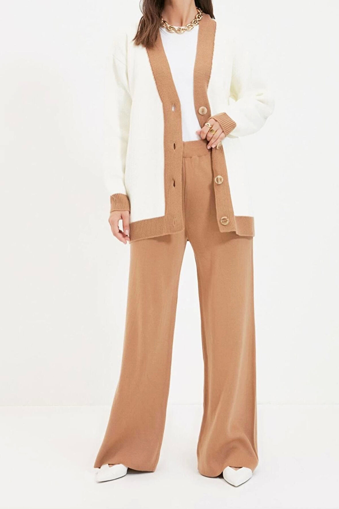 Kadın Moda Şık Geniş Paça Regular Boy Uzun Kollu Şerit Detaylı Hırka-Pantolon Triko Takım