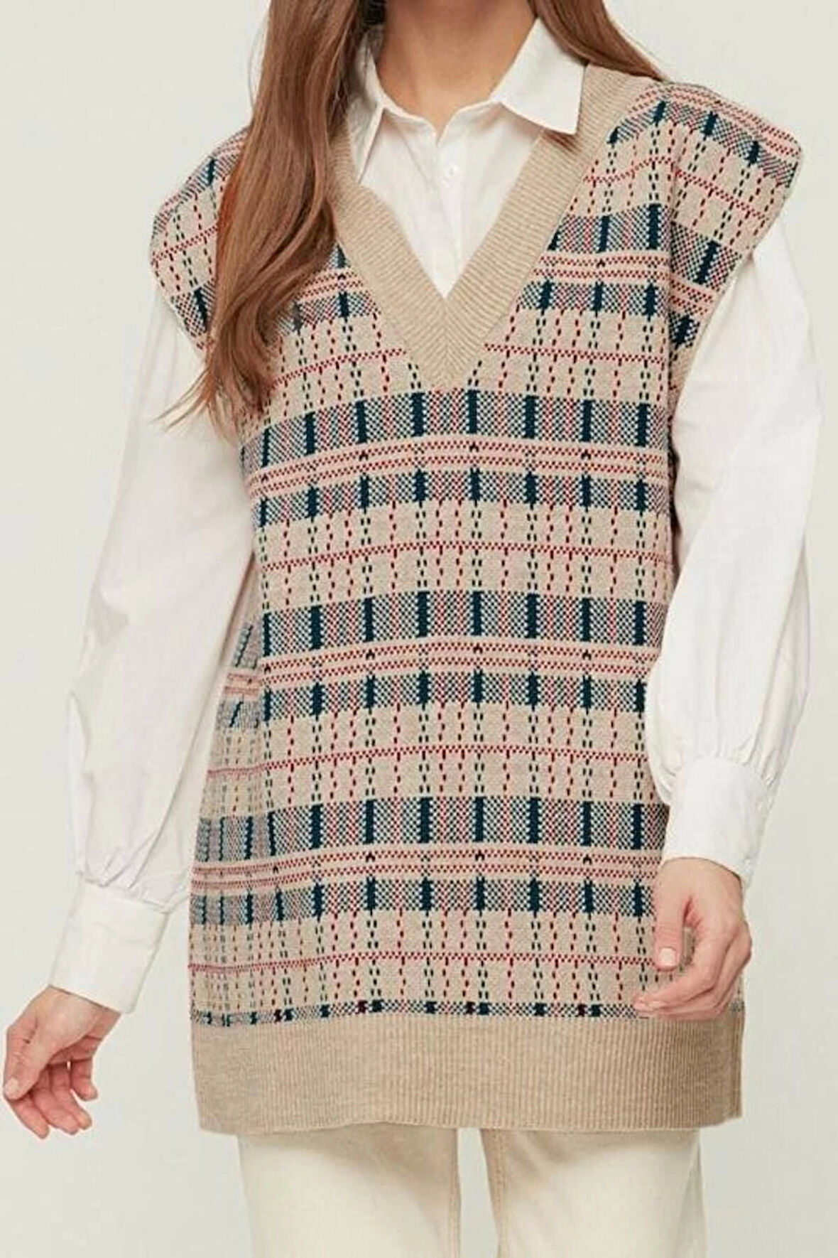 Kadın Moda Şık Tesettür V Yaka Düşük Kol Regular Triko Süveter