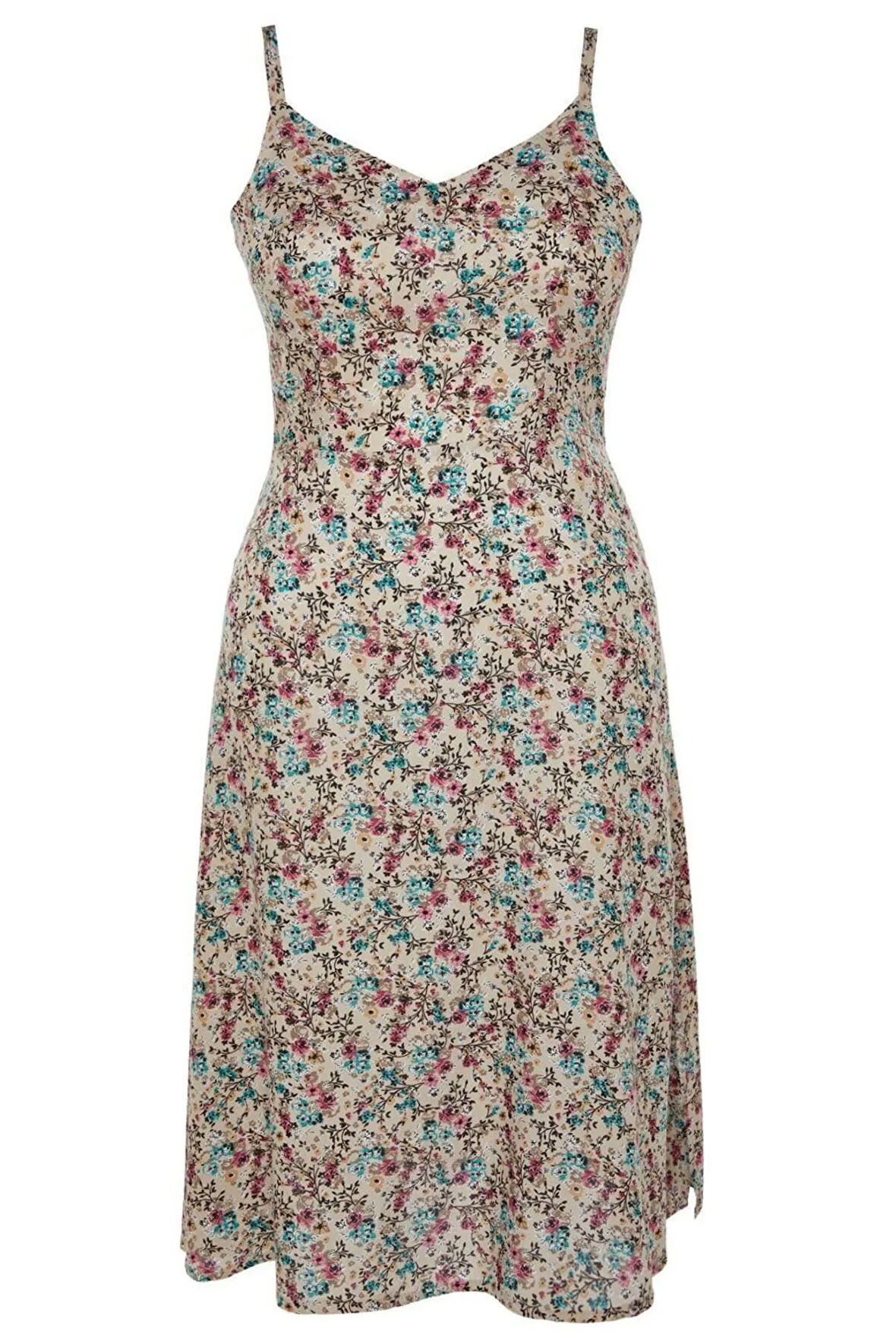 Yeni Fit Casual Günlük Shally Dokuma V Yaka Kısa Kol A-Line Midi Boy Büyük Beden Elbise