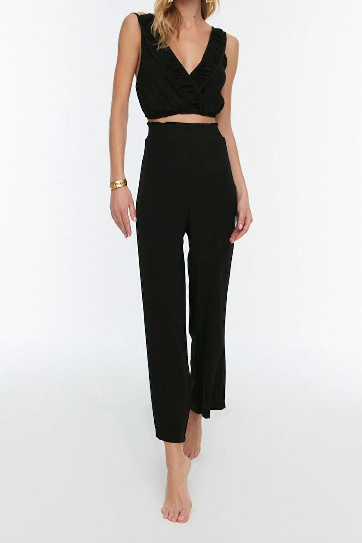 Kadın Moda Şık Boru Paça Kısa Boy Uzun Kollu Dokuma Fırfırlı Bluz Pantolon Takım