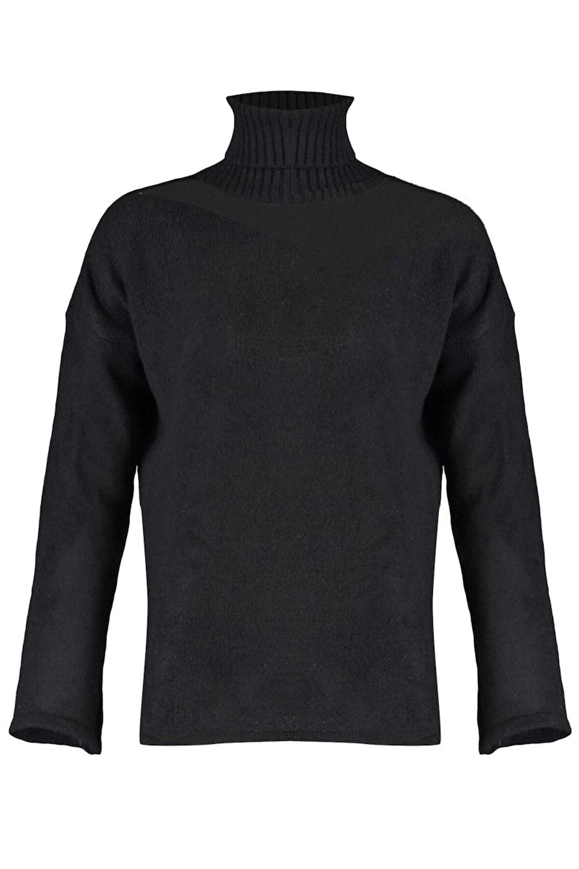 Kadın Moda Şık Regular Balıkçı Yaka Uzun Kol Düz Yumuşak Dokulu Tül Detaylı Triko Kazak